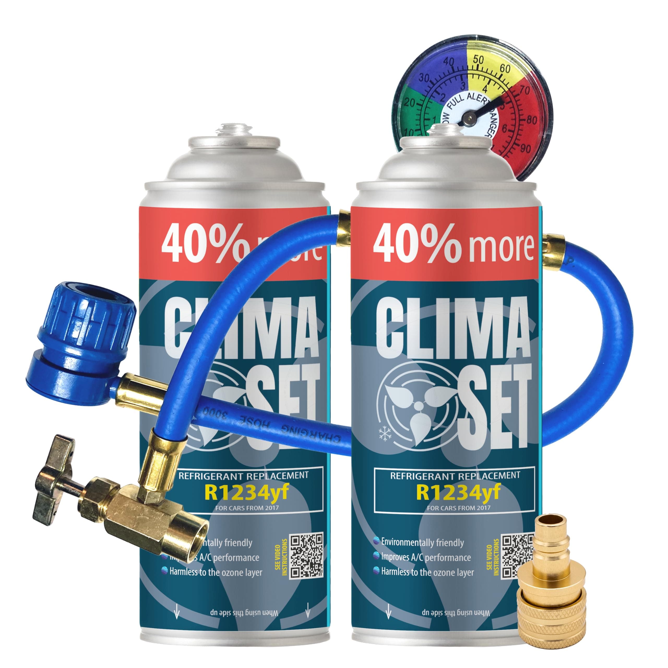ClimaSet R1234yf air conditioning refill - r1234yf air conditioning gas - 2x235 g with hose, pressure gauge and HP/LP adapter - Car air conditioning - Car air conditioning refill - ECO