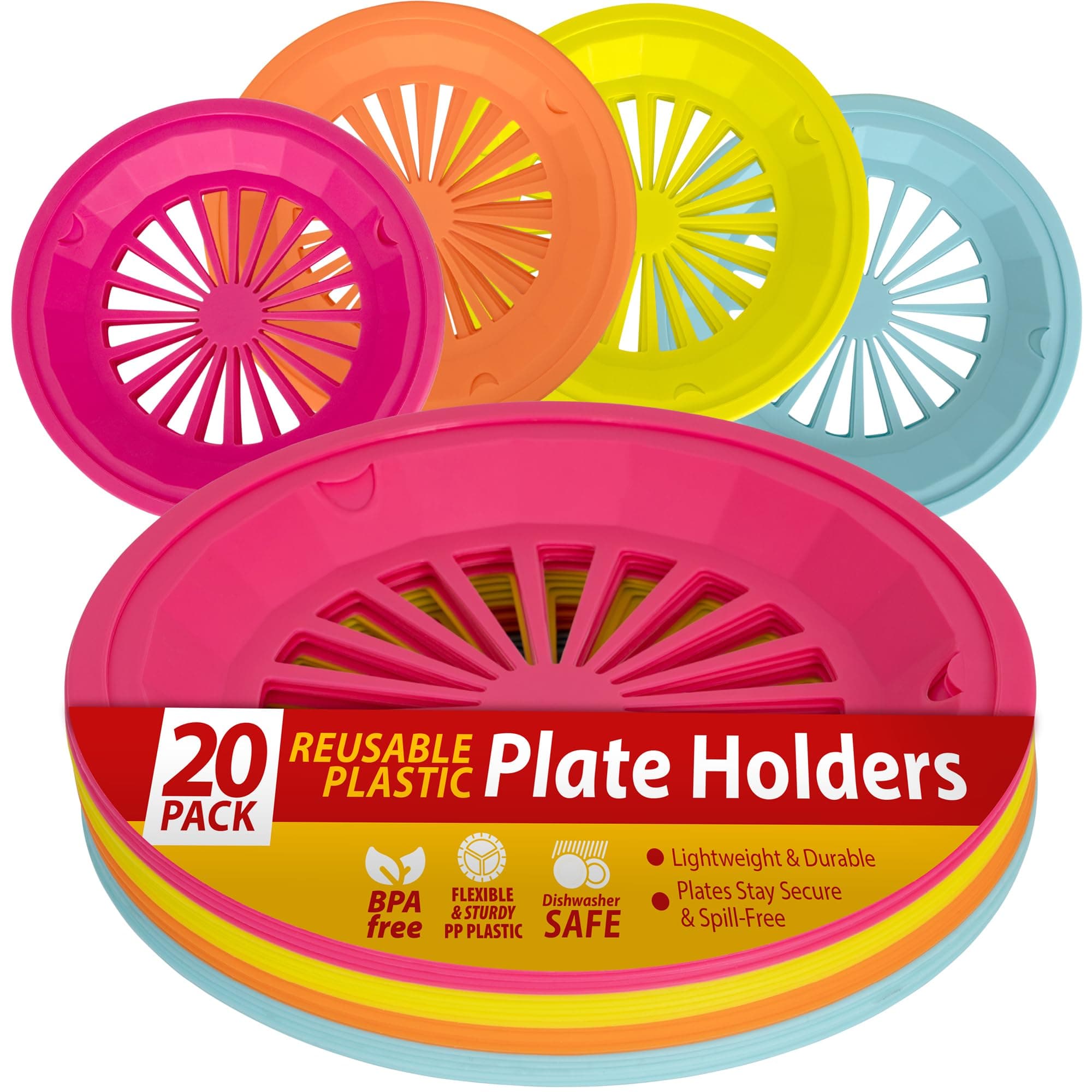 Besti Reusable Plastic Paper Plate Holders 10 Inch, 20 Piece Round Plastic Paper Plate Holder Set with Snap-In Grooves, Dishwasher Safe, 4 Assorted Colors
