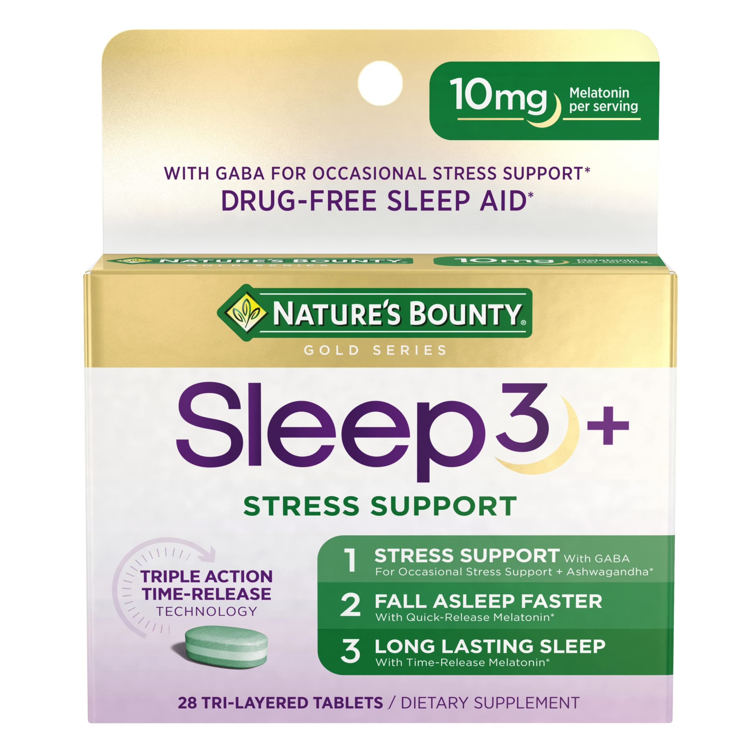 Sleep + Stress Support, Sleep3 Maximum Strength 100% Drug Free Sleep Aid, Dietary Supplement with Ashwagandha, Time Release Technology, 10mg, 28 Tri-Layered Tablets