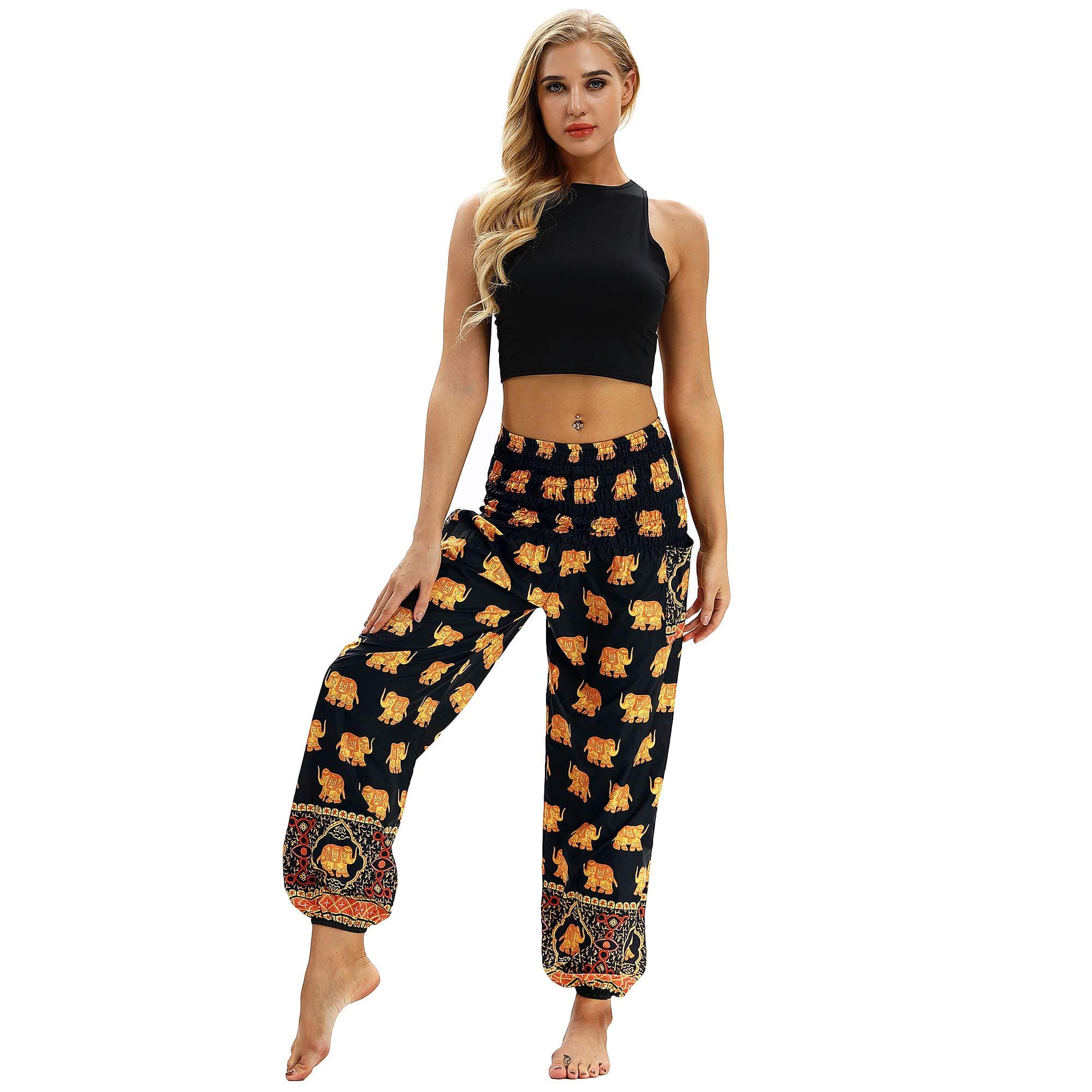 Women's Smocked Waist Print Elephant Harem Hippie Boho Yoga Palazzo Casual Pants