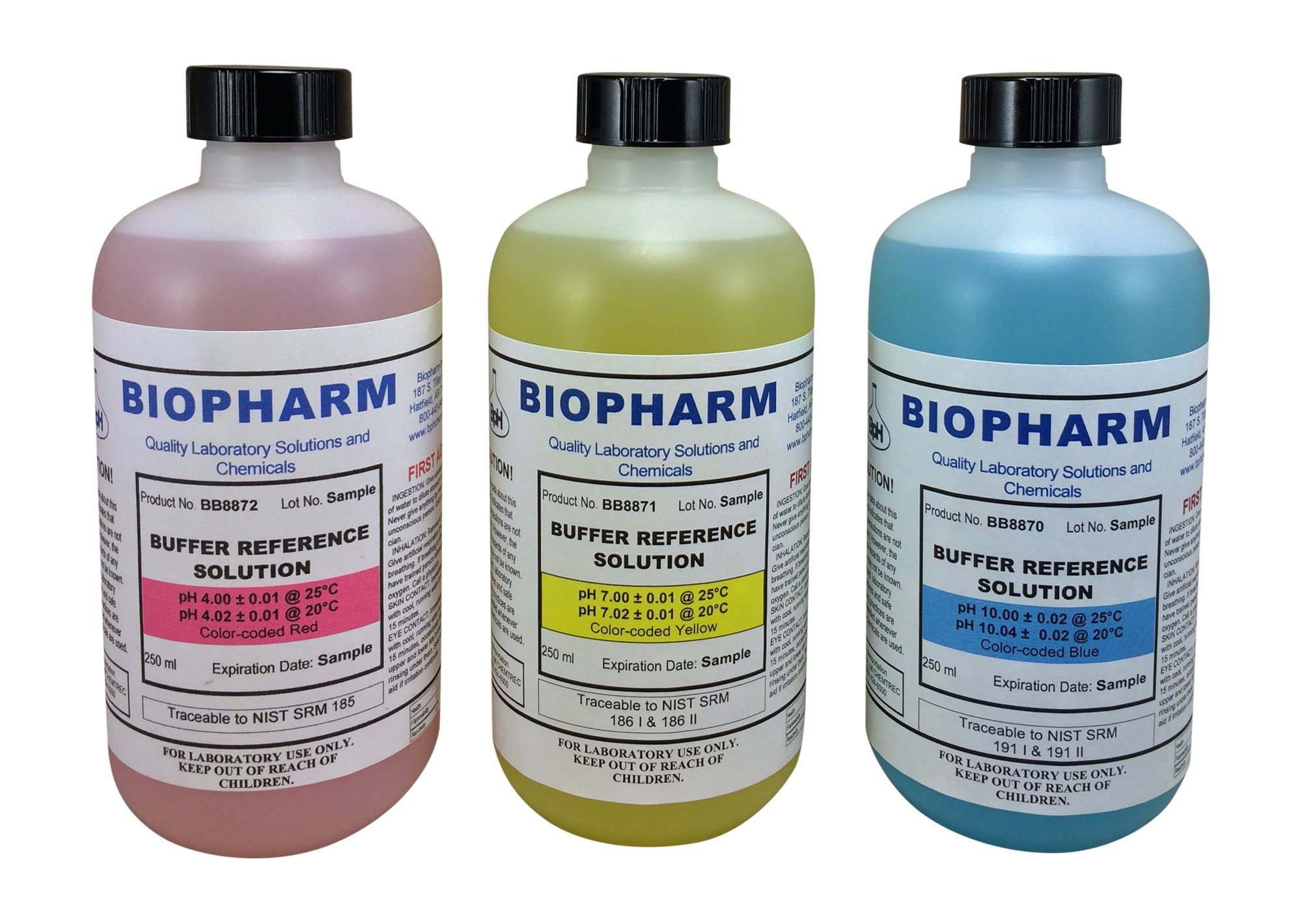 Biopharm Ph Buffer Calibration Solution Kit with 3 Packs: Buffers Ph 4.00, Ph 7.00, Ph 10.00-250 Ml (8.4 Fl Oz) Each - Color Coded - Nist Traceable for All Ph Meters