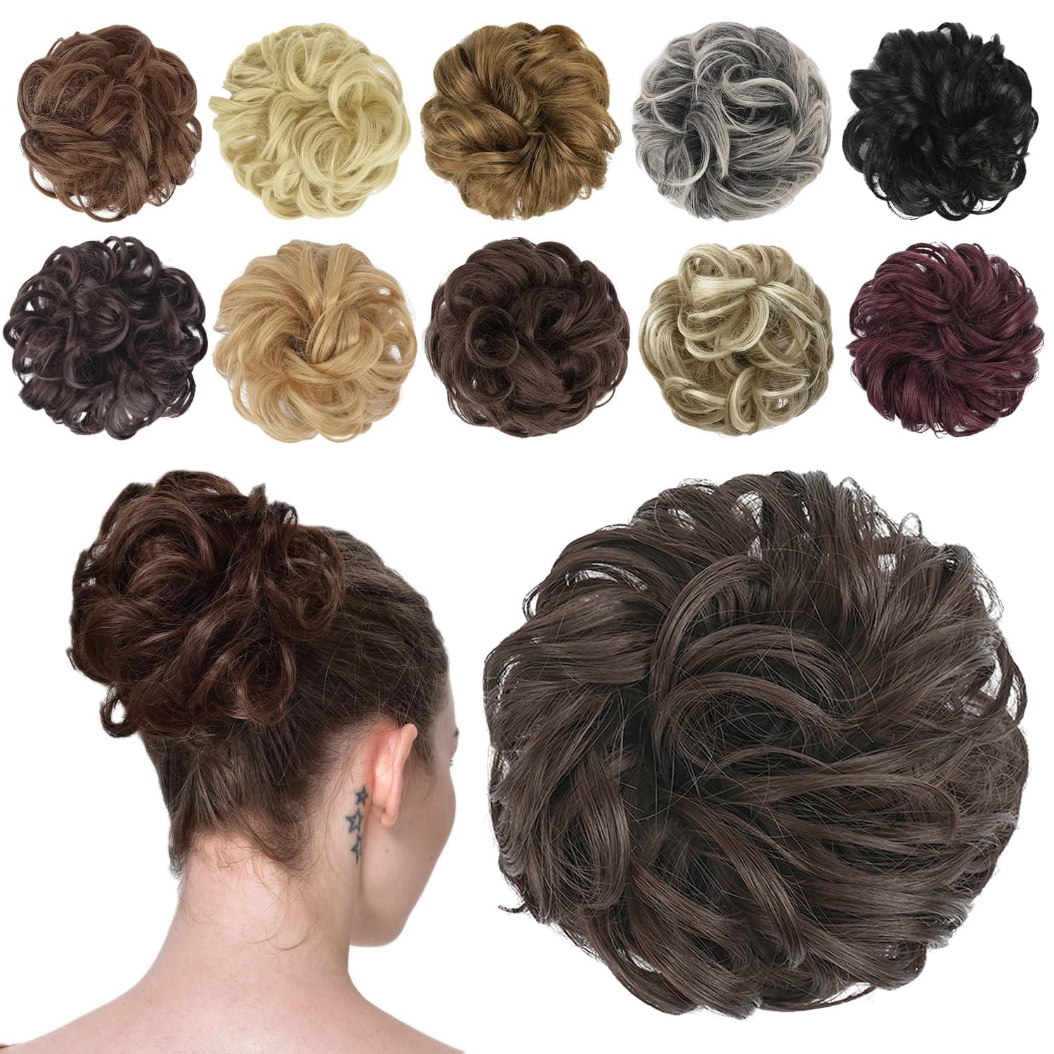 FESHFEN Messy Bun Hair Piece - Wavy Synthetic Chignon Scrunchies for Instant Volume, Elastic Bun Ponytail Hair Extensions Thick Hairpieces for Women, Dark Brown 1.50 oz