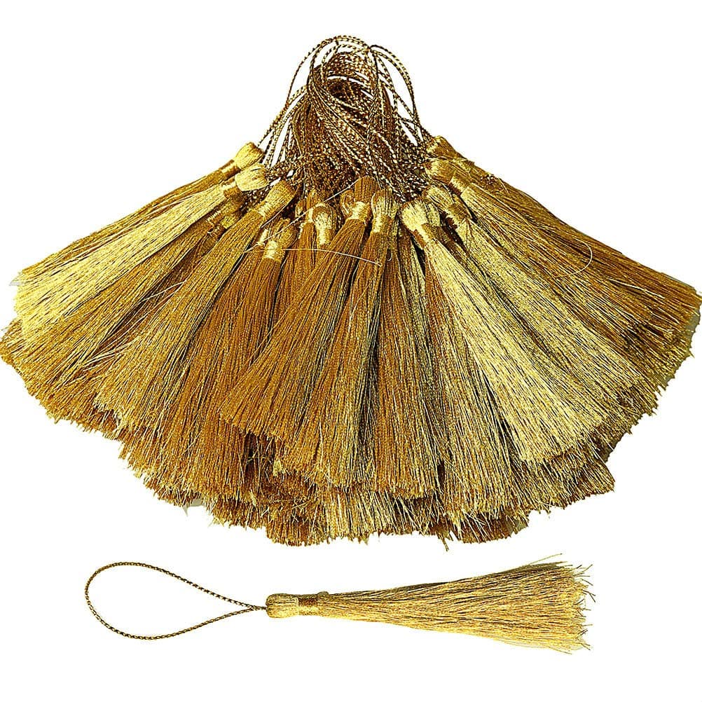 EUBags 100pcs Gold Craft Tassels, 5 Inch Mini Silky Floss Bookmark Tassels with Loops for Jewelry Making, Handmade DIY Projects, Souvenir