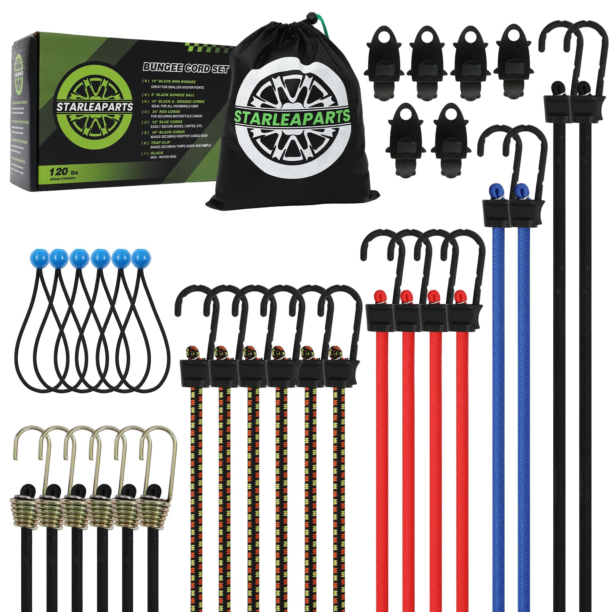32-Piece Heavy Duty Bungee Cords, Super Elastic Bungee Cord with Hooks, Bungie Cords Heavy Duty Outdoor Include 8", 18", 24”, 32", 40" Bungee Cords, 8” Ball Bungees and Tarp Clips