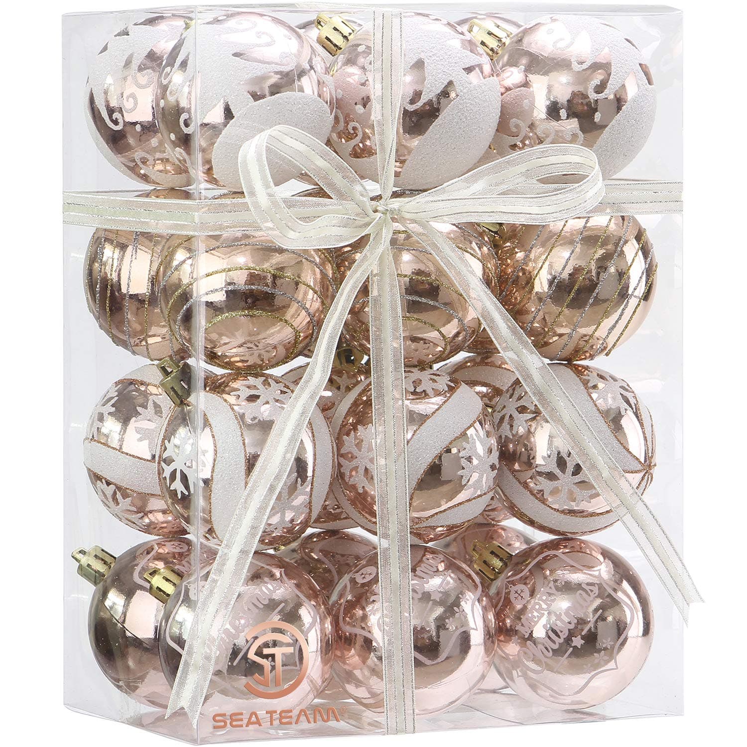 Sea Team 60mm/2.36" Delicate Painting & Glittering Shatterproof Christmas Ball Ornaments Decorative Hanging Christmas Ornaments Baubles Set for Xmas Tree - 24 Counts (Rose Gold)