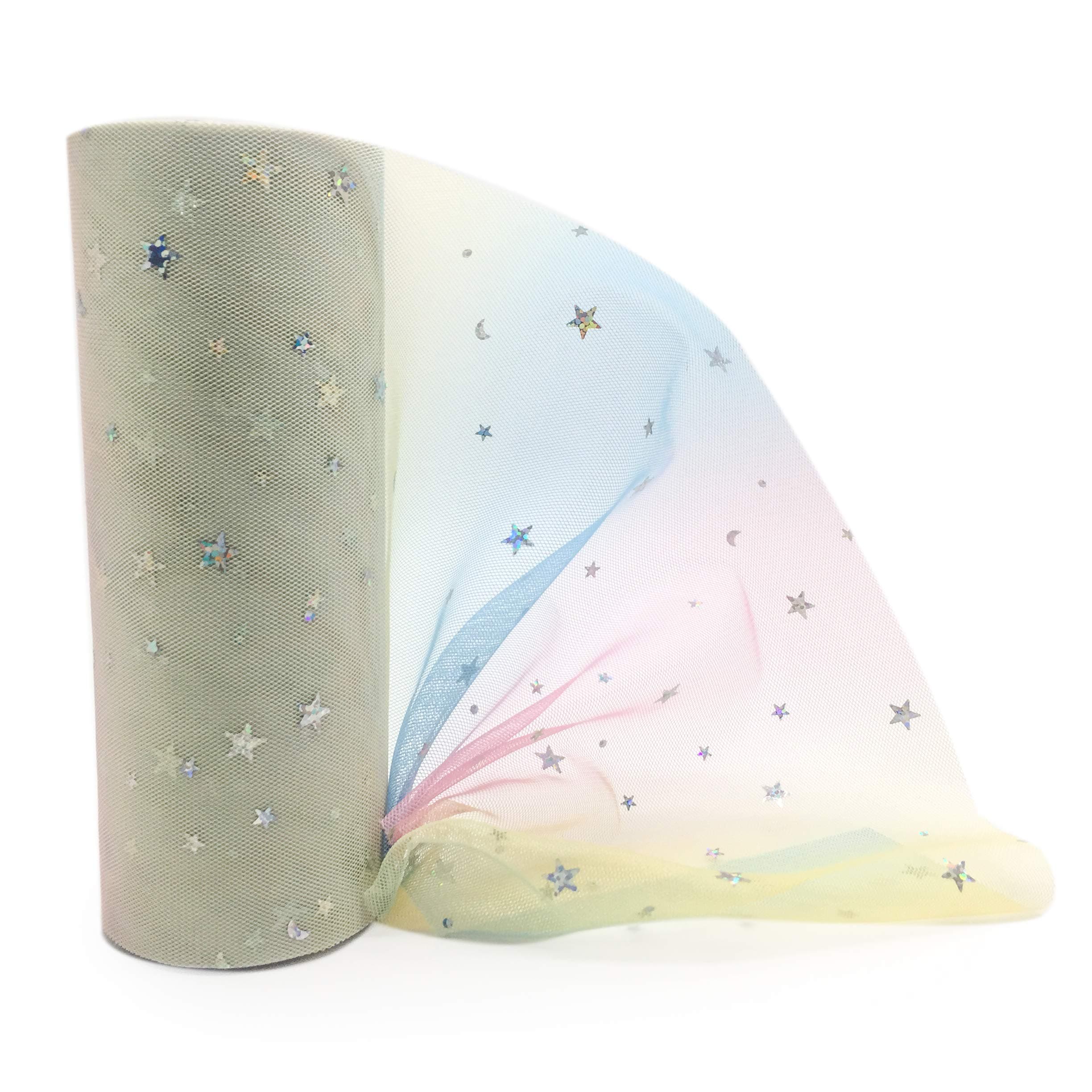 Craft Rainbow Sparkling Tulle Roll DIY Wedding Party Gift Bow Craft Sequin Fabric Spool Tutu Party Banquet Decor Gift Wrap 6" x 10Yards (Rainbow-Star Silver)