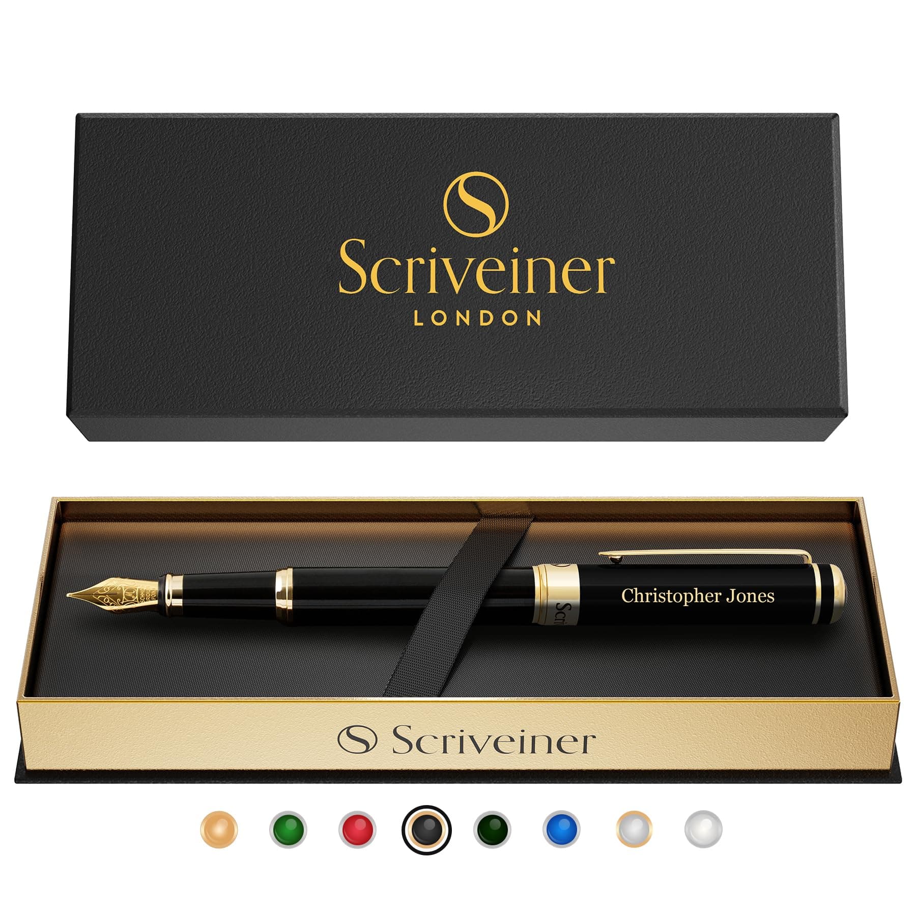 – Personalised Scriveiner Black Fountain Pen - Stunning Luxury Pen, Jet Black Lacquer, Real Gold Plating, German Schmidt Nib (Medium), Best Engraved Fountain Pen Gift Set for Men & Women, Name Engraving