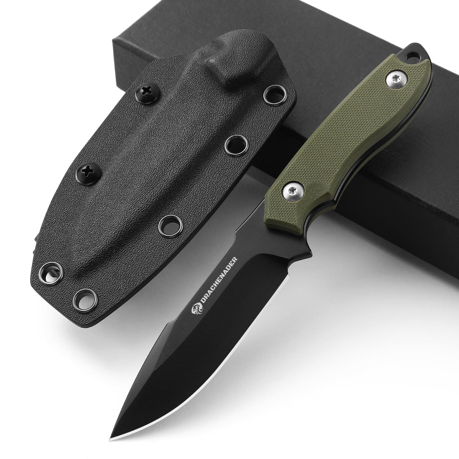 7" D2 Steel EDC Fixed Blade Knife, Versatile Carry with Kydex Sheath and G10 Handle (B- Black Balde + Green Handle)