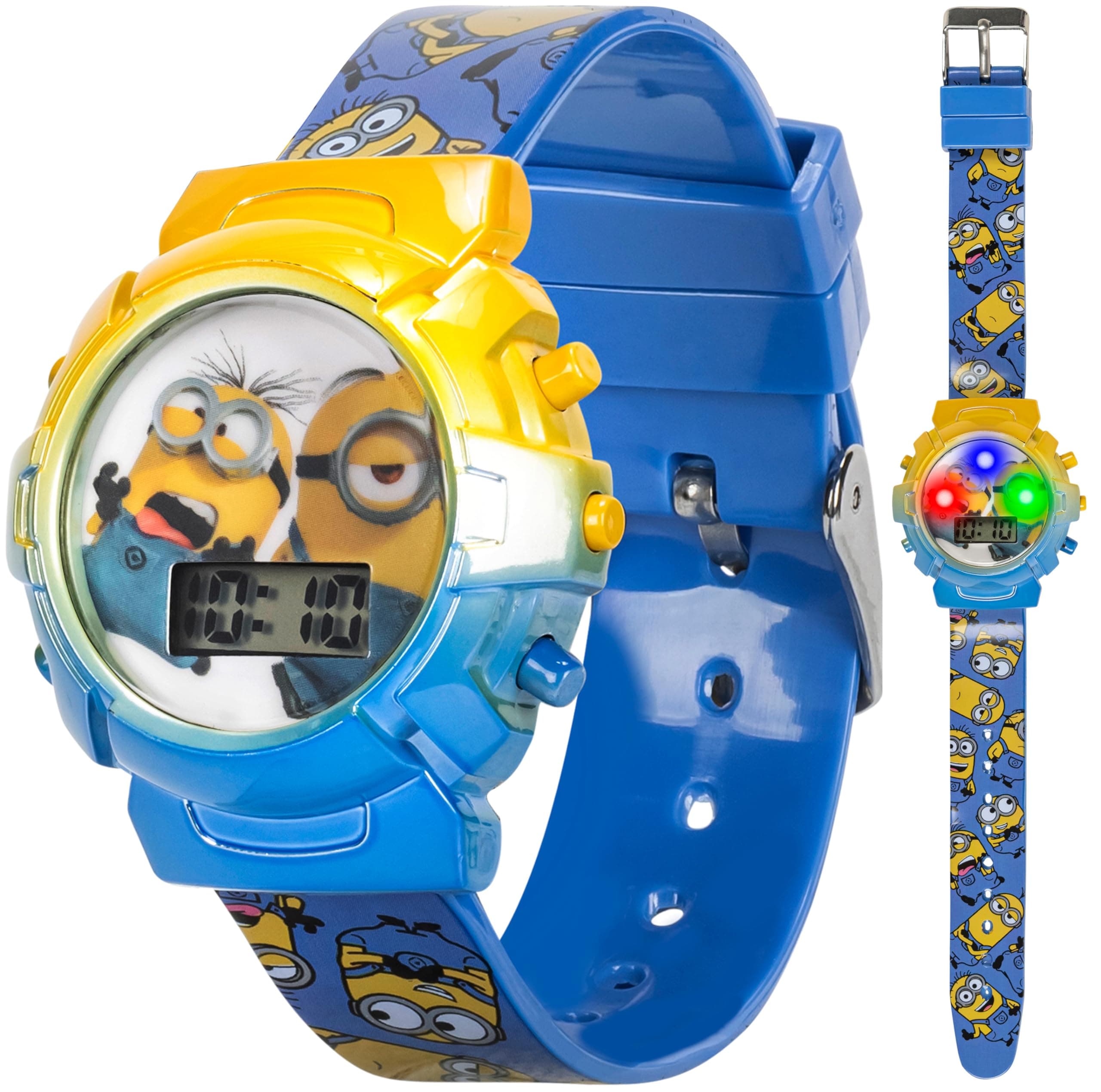 ACCUTIME Minions Kids Watch – Flashing Dial Lights, LCD Display, Adjustable Comfortable Strap, Collectible Tin – Perfect for Boys and Girls