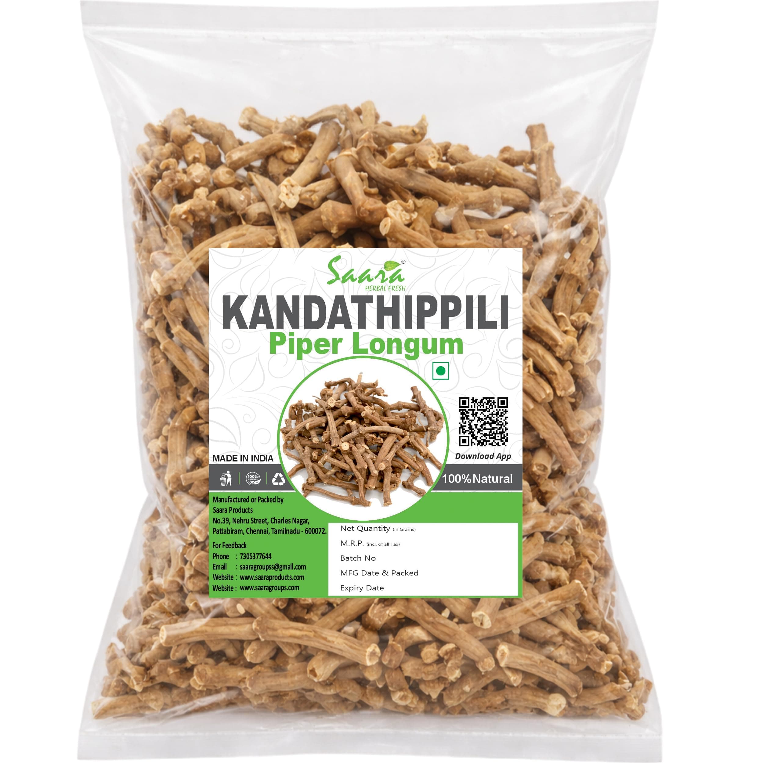 Saara HERBAL FRESH Kandathippili,100g, Piper longum, Piper Root, Piparamula, Modikaddi, Kandatippili, Kattuthippaliver, (pack of 1 x 100g)