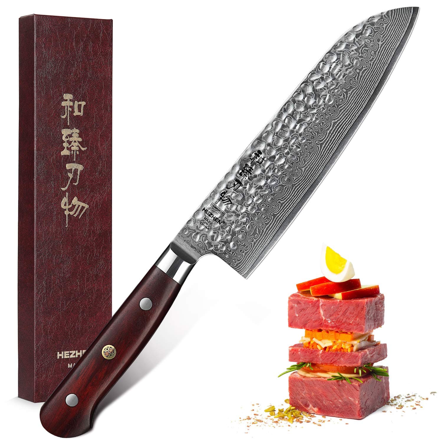 HEZHEN Santoku Knife 7 Inch High Carbon 67 Layer Damascus Super Steel Professional Chef's Knife Razor Sharp Hammered Finish with Dalbergia Wood Handle - Elegant Series (Santoku Knife)