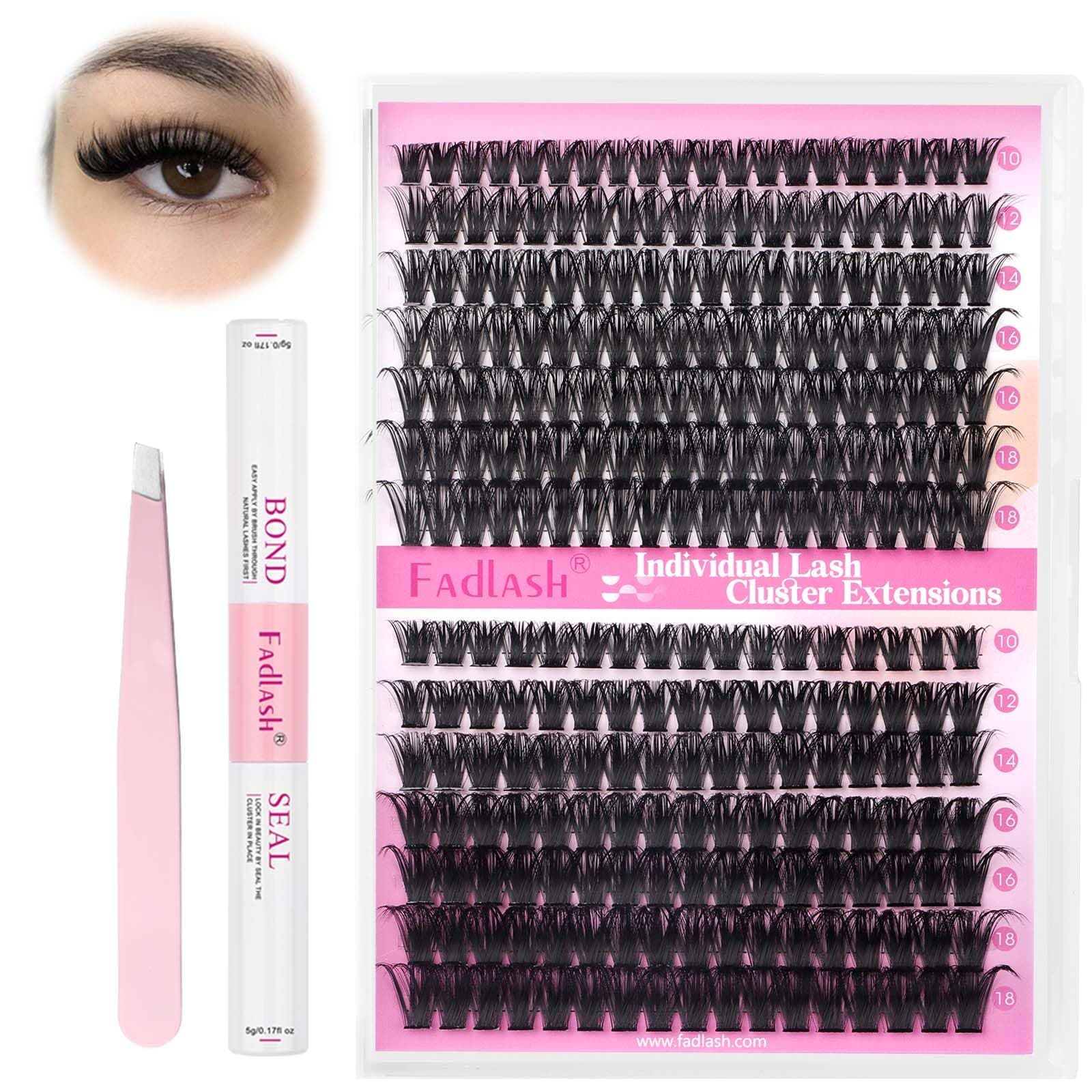 FADLASH Eyelash Extension Kit Lash Clusters D Curl Mix Tray Thin Band DIY Lash Extension Kit with Lash Bond and Seal Lash Tweezers Eyelash Applicator Tool Individual Lashes(60D+80D Kit,07D-10-18mm)