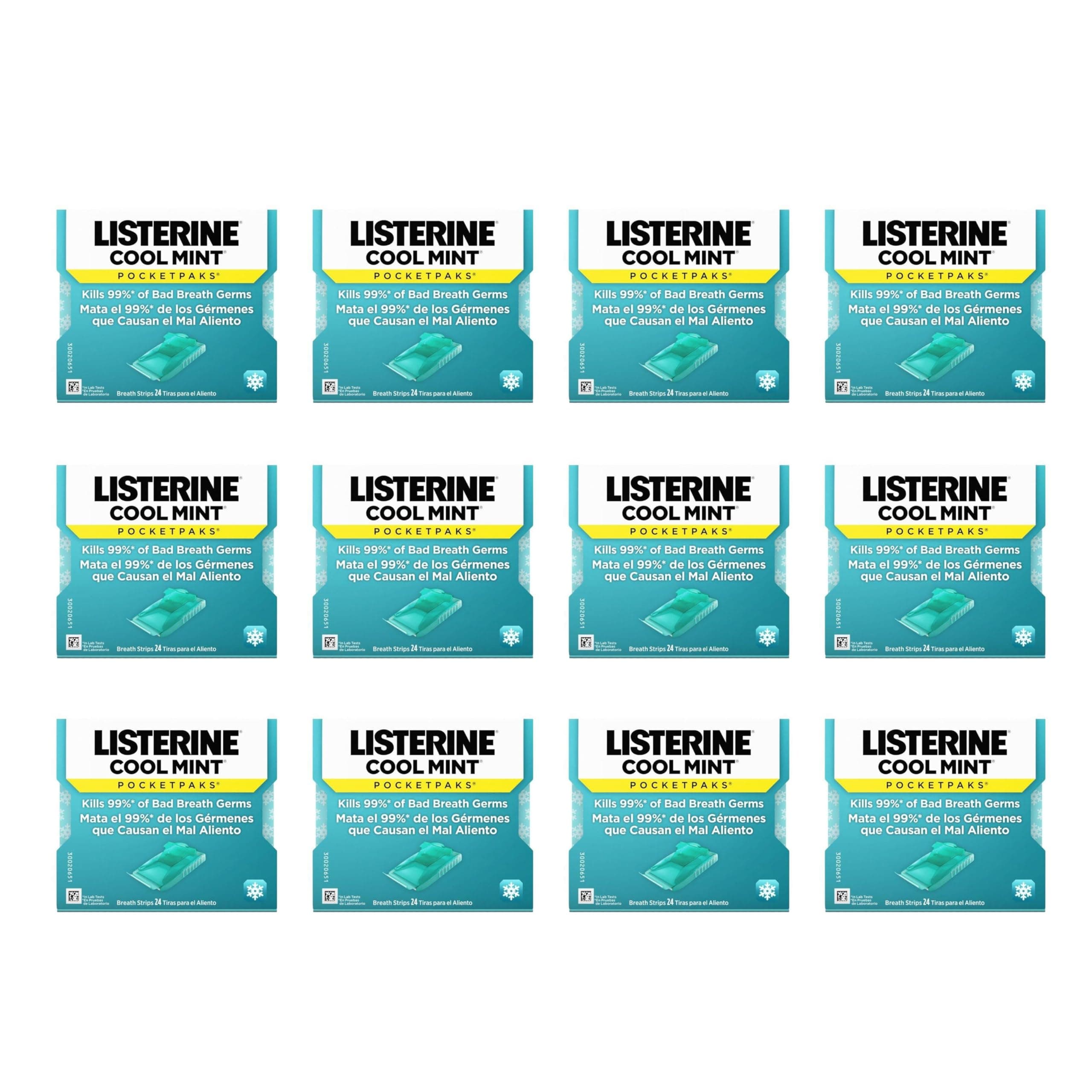 Listerine Cool Mint PocketPaks Portable Breath Strips for Bad Breath, Fresh Breath Strips Dissolve Instantly to Kill 99% of Bad Breath Germs* On-The-Go, Cool Mint, 12 Pack