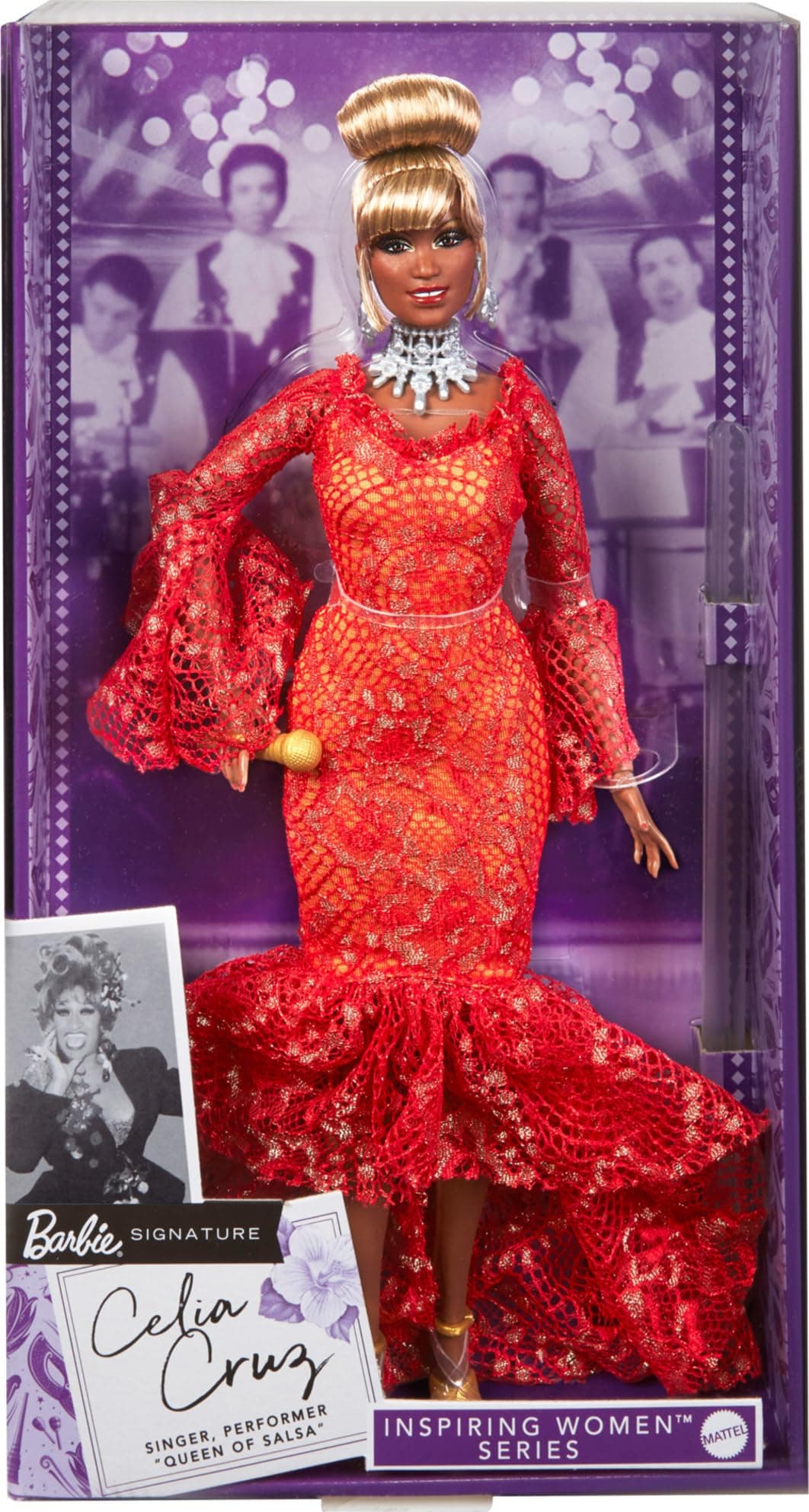 Inspiring Women Doll, Celia Cruz Queen of Salsa in Red Lace Dress with Golden Microphone, Collectible with Doll Stand & Certificate of Authenticity