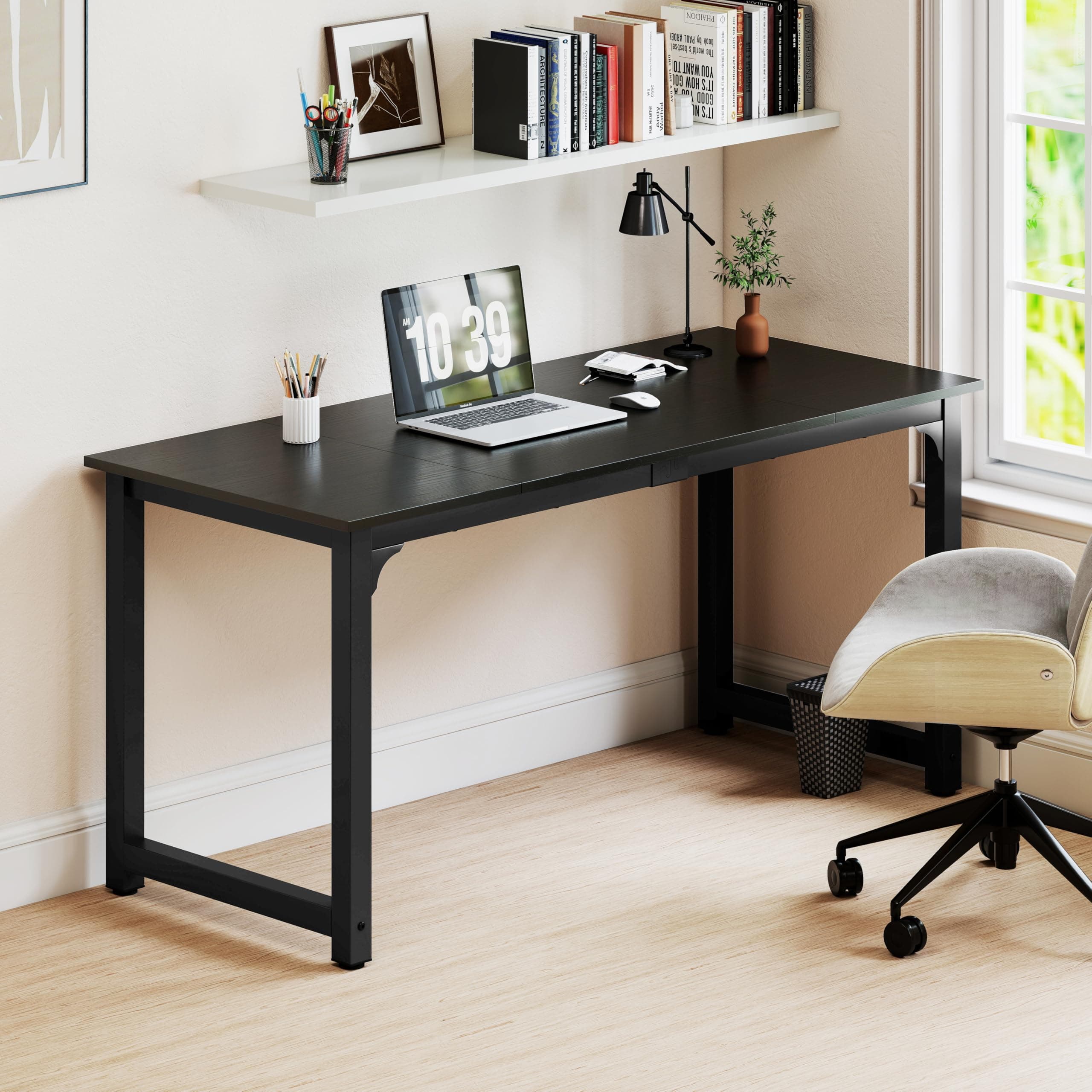 NSdirectModern Computer Desk 63 inch Large Office Desk Writing Study Table for Home Office Desk Workstation Wide Metal Sturdy Frame Thicker Steel Legs, Black.