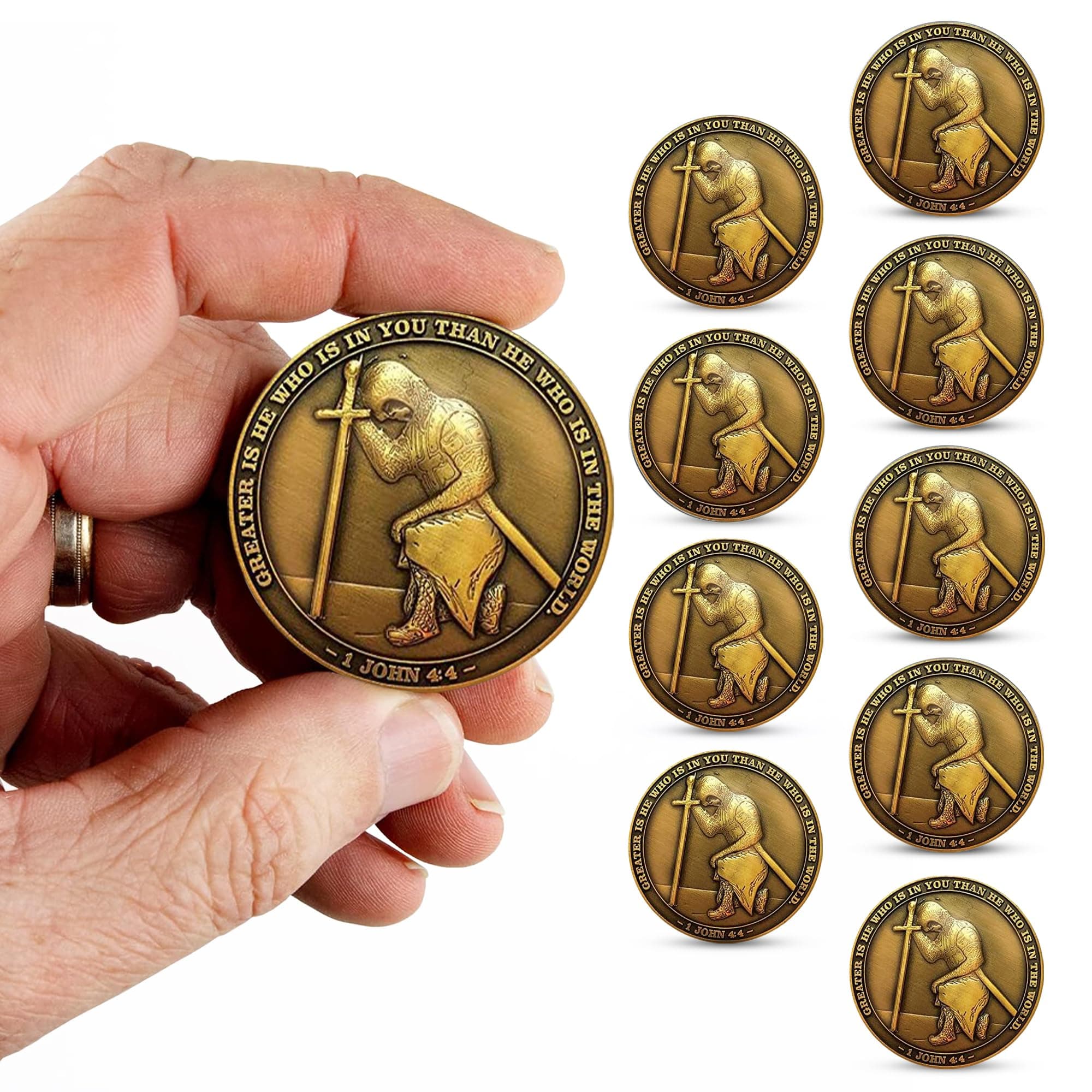 The Task Ahead Coin, I Can Do All Things, Challenge Coins, Antique Gold-Color Plated, Featuring a Kneeling Knight Templar and Philippians 4:15