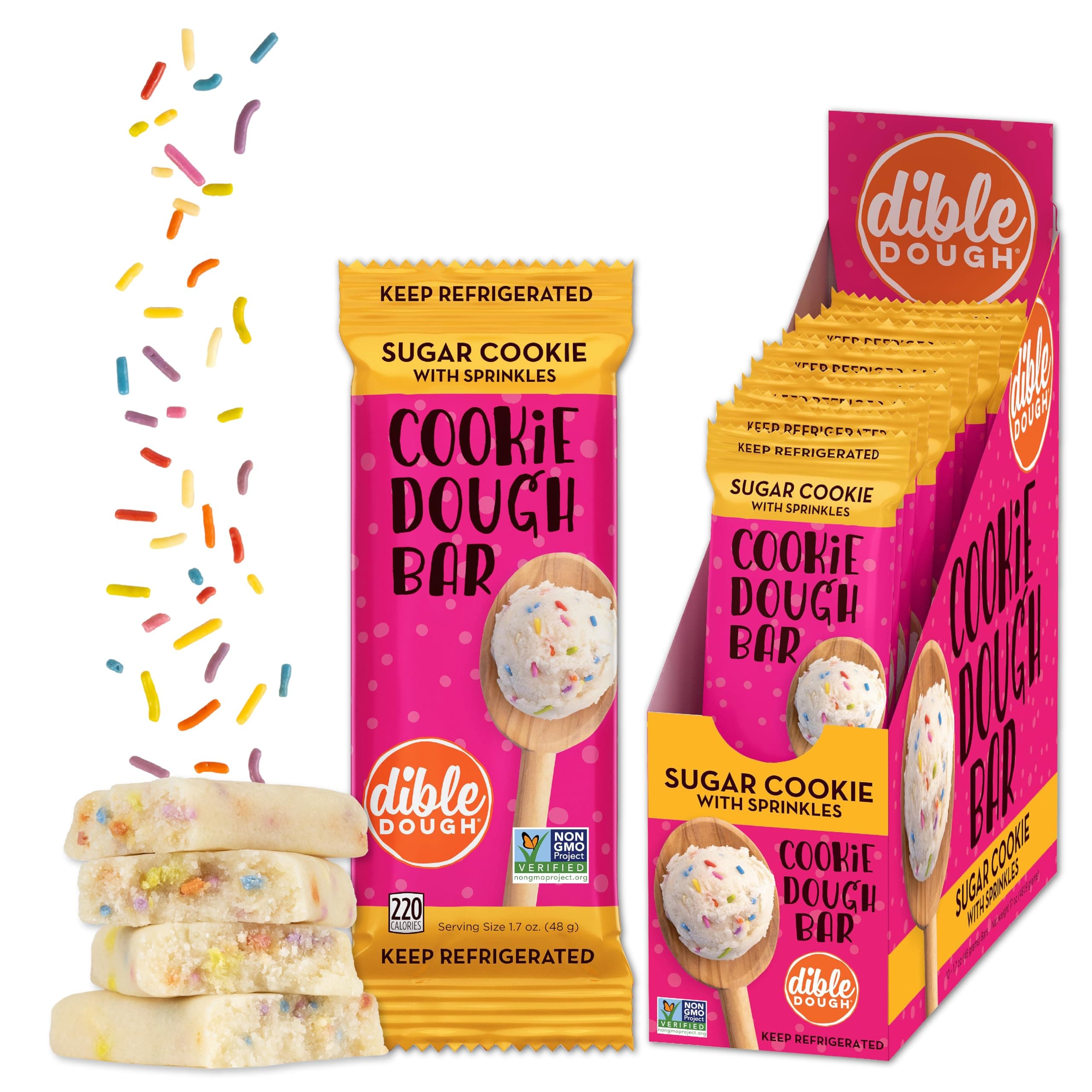 Dible Dough Refrigerated Sugar Cookie Dough Bar with Sprinkles, All-natural, Non-GMO Ingredients, Healthy Snacks, Edible Cookie Dough Snacks, 10-Pack