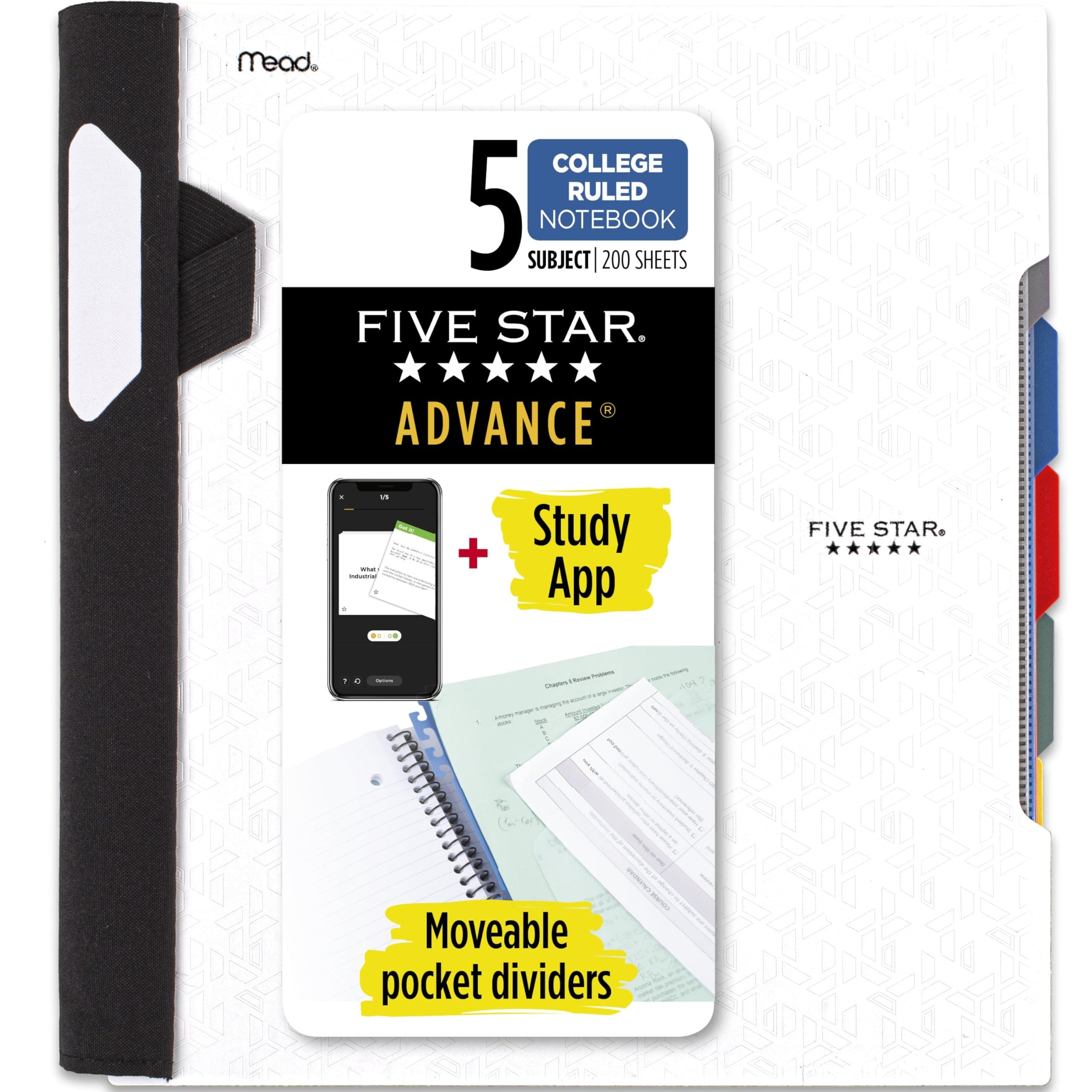 Five Star Advance Spiral Notebook, 5 Subject, College Ruled Paper, 200 Sheets, 28 x 21.6 cm, White (73154)