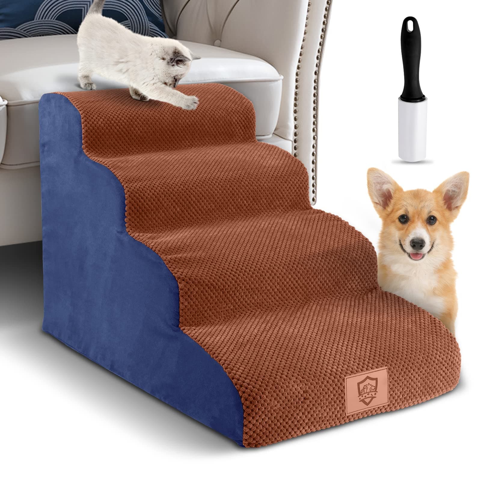 MyiosusDog Steps for Bed, 4-Steps Pet Stairs Foam Dog Ramps with Washable Cover for Large and Small Dogs & Cats, Non-Slip Bottom, 73 x 53 x 40 cm, Send Lint Roller