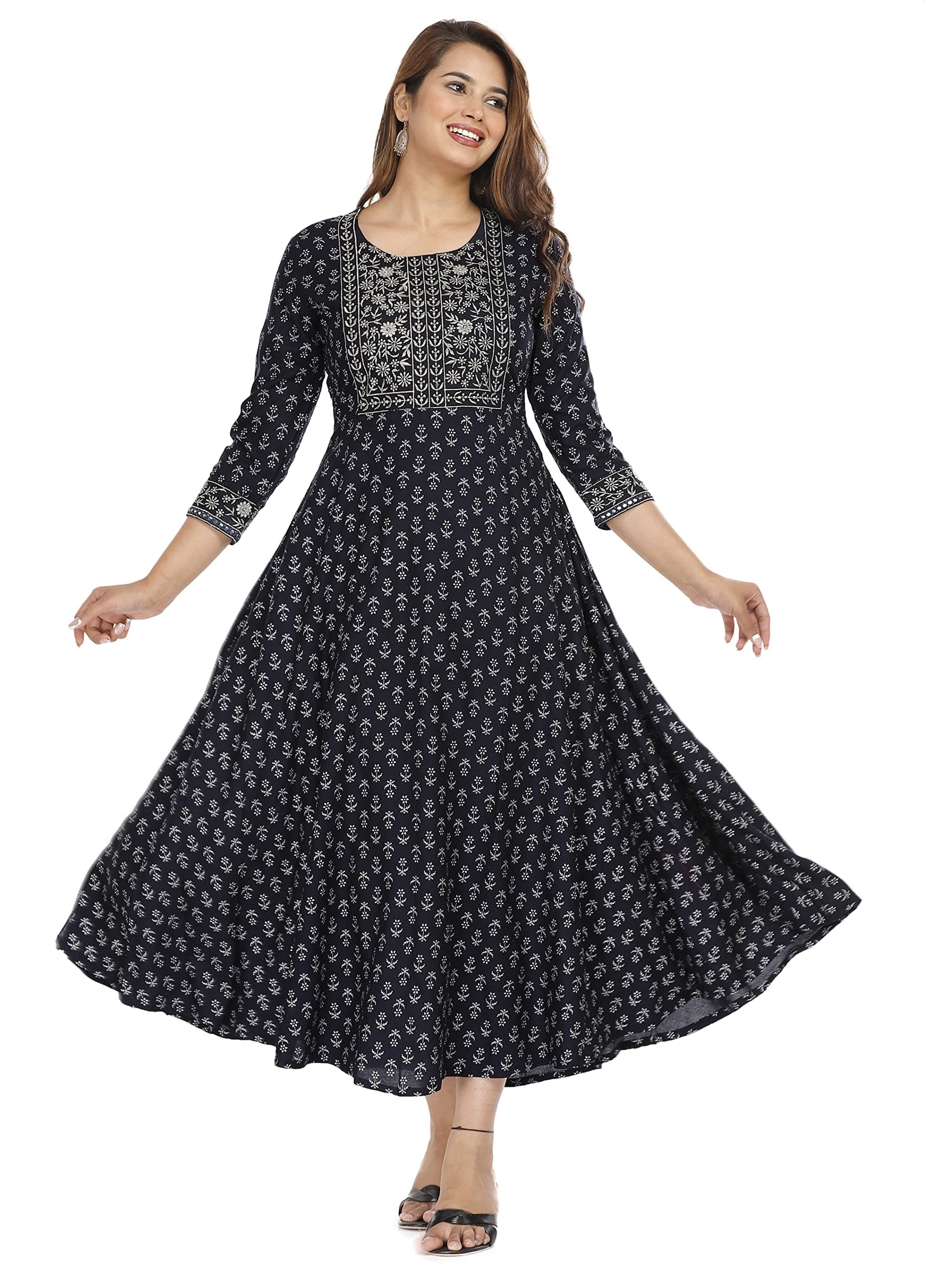 Women's Embroidered Printed Rayon Long Kurti for Regular Wear Girls Flared Kurta