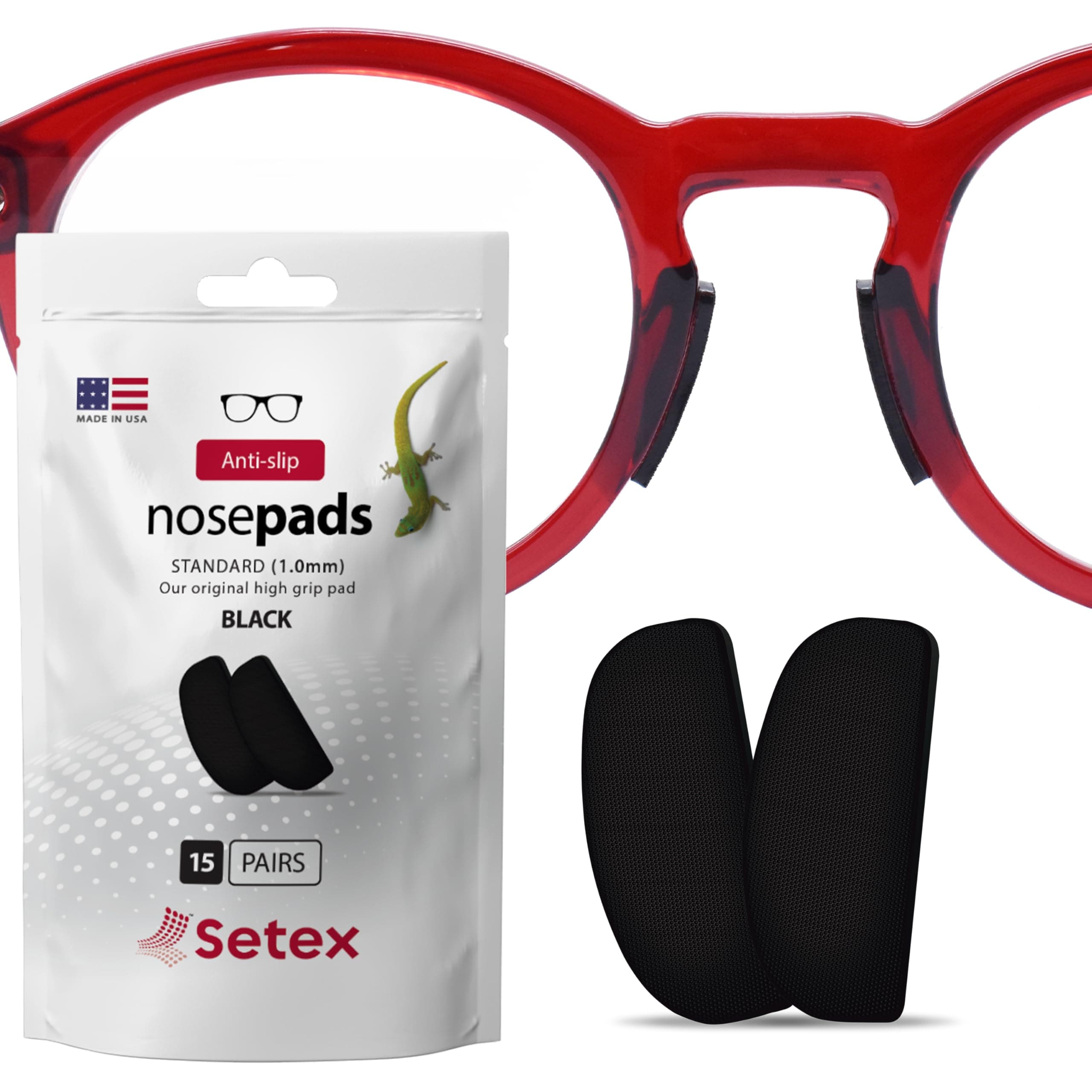 Setex Gecko Grip 1mm Anti Slip Eyeglass Nose Pads, (Bulk Pack 15 Black Pair) USA Made, 2500 Innovative Microstructured Fibers per Nose Pad, 1mm x 7mm x 16mm