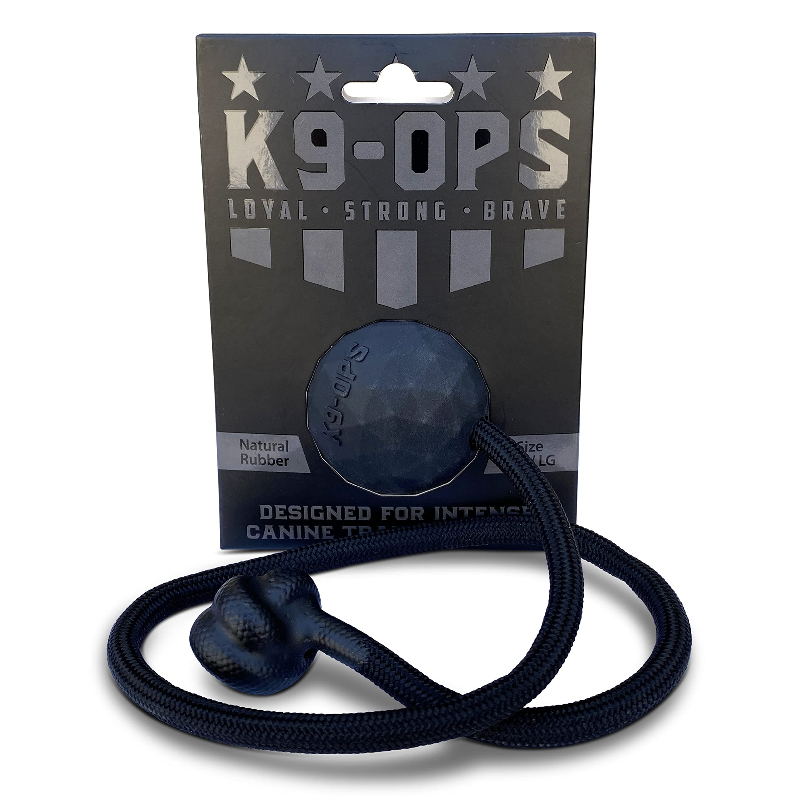 K9 Ops Dog Ball on a Rope Moki Tug Toy - Solid Rubber Fetch Training Reward - Large Dogs Tugs Durable Aggressive Chewers (Coal Black, MD/LG)