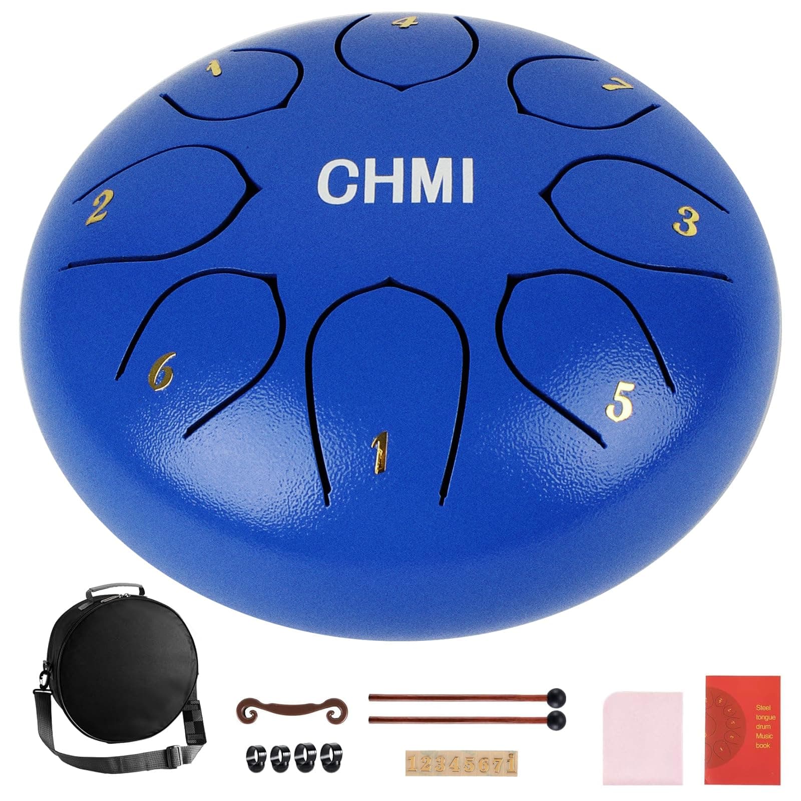 Steel Tongue Drum, CHMI 8 Notes 6 inches Percussion Instrument Handpan Drum with Bag, Music Book, Mallets, Finger Picks, Drum Mallets Holder (Blue)
