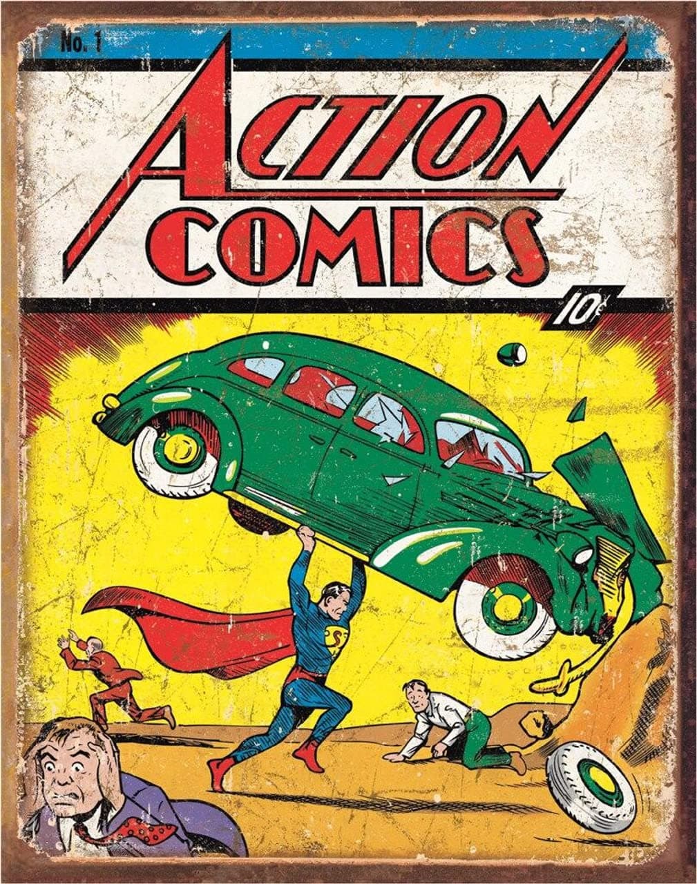 Desperate Enterprises Action Comics No 1 Cover Tin Sign - Nostalgic Vintage Metal Wall Decor - Made in USA
