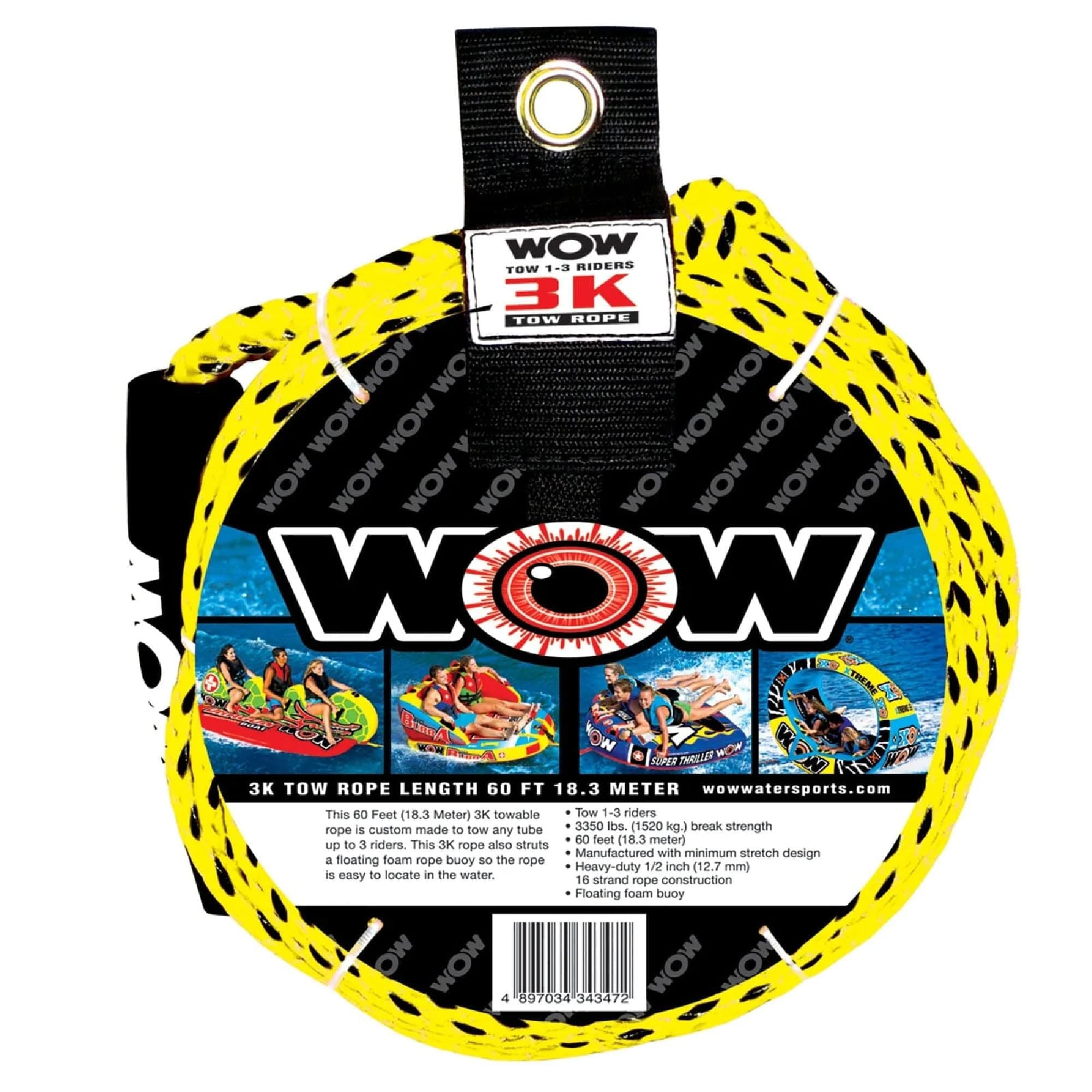 WOW Sports 3k 60 ft. Tow Rope with Floating Foam Buoy 1 2 or 3 Person Tow Rope for Boating, 17-3030