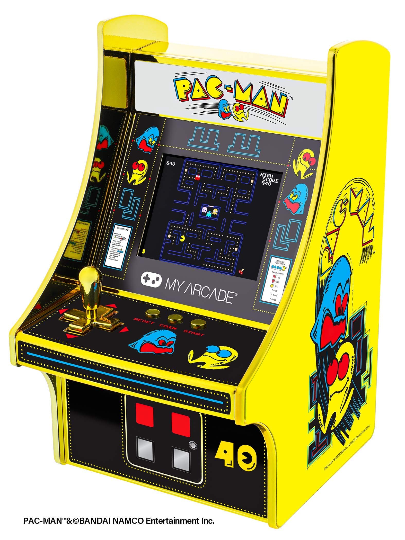 My Arcade Pac-Man 40th Anniversary Micro Player, Fully Playable, 6.75 Inch Collectible, Full Color, Gold Plated, Battery or Micro USB Powered (DGUNL-3290), Yellow