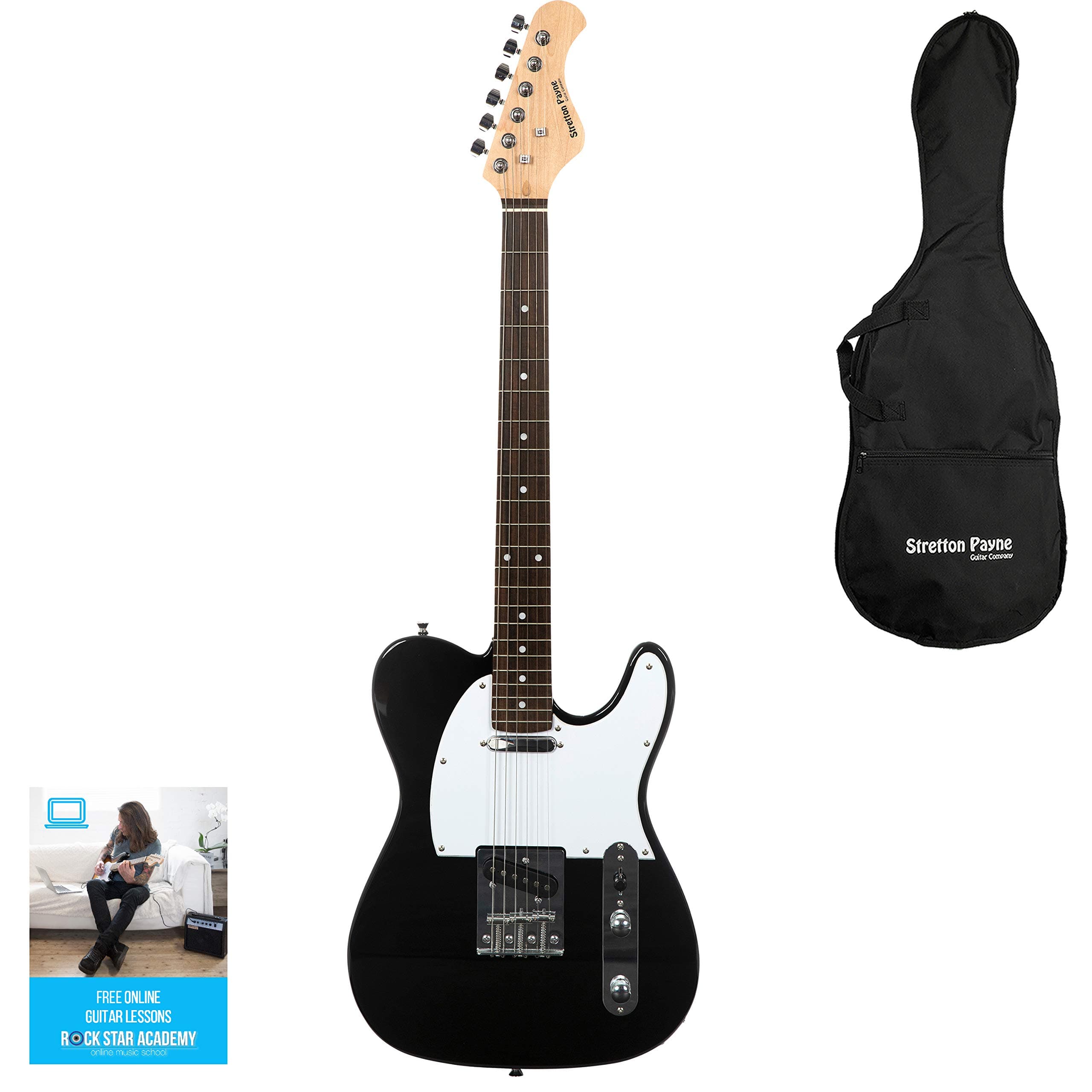 Stretton Payne TE Full Size Electric Guitar with Padded Bag. Guitar in Black