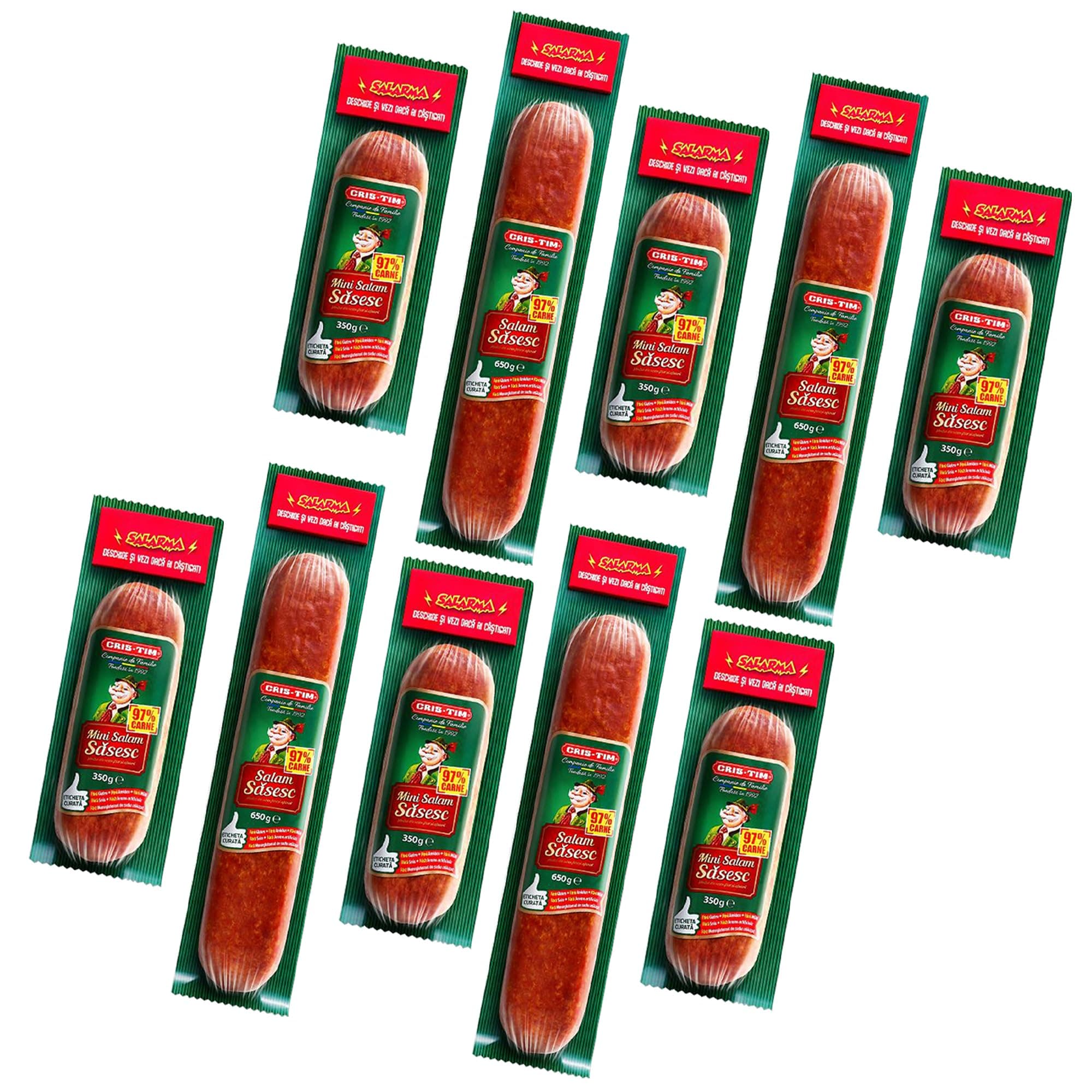 CRIS-Tim Salam Sasesc 650g and Mini Sasesc 350g Sausage| Romanian Boiled and Smoked Pork and Beef Meat | Addition of Finely Chopped Bacon and Spices (Mixed Both, 10 Pack)