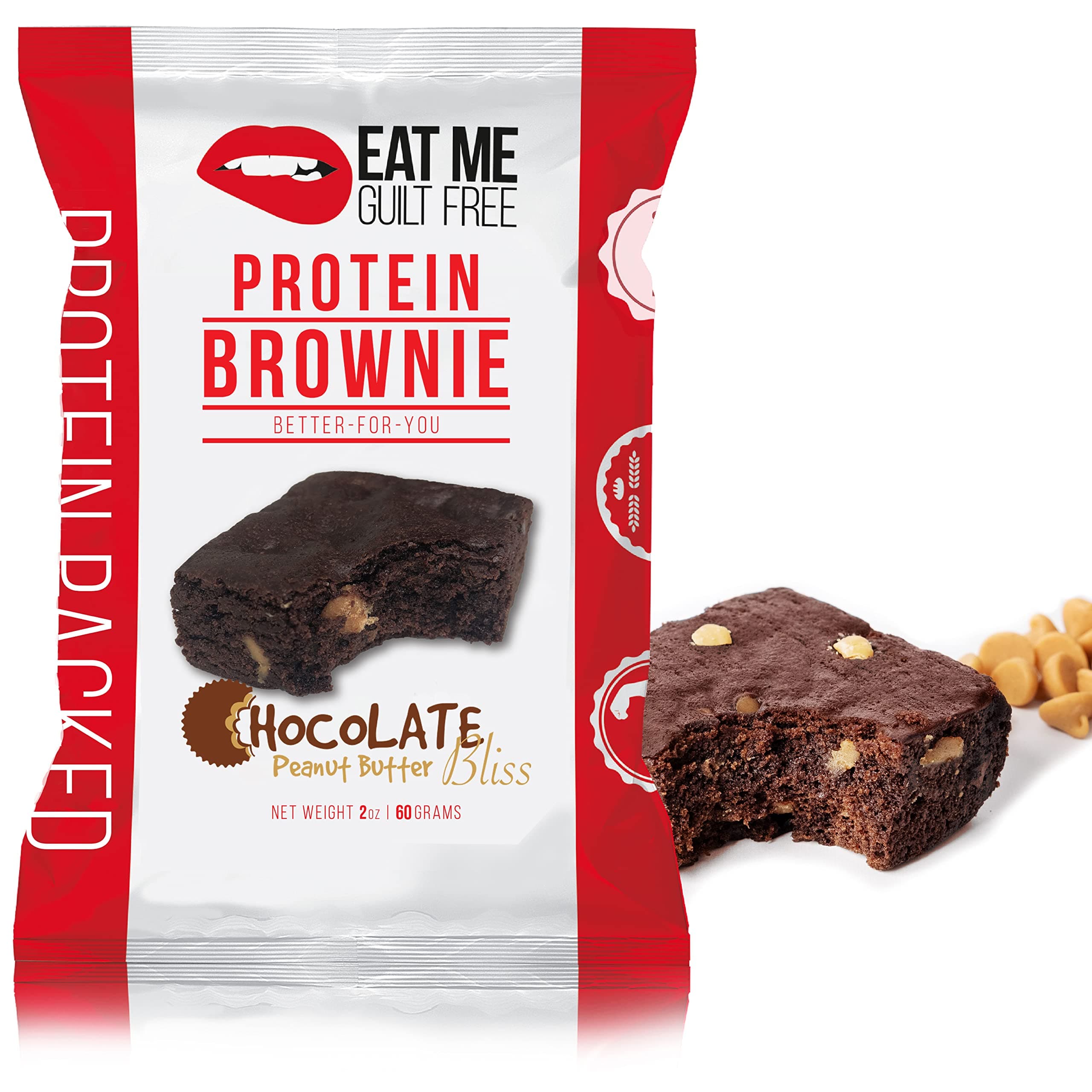 Eat Me Guilt Free Peanut Butter Bliss Protein-Packed Brownie - 14G Protein, Low Carb, Keto-Friendly, Low Sugar, Non GMO, No preservatives, Low Calorie Snack or Dessert | 12 Count