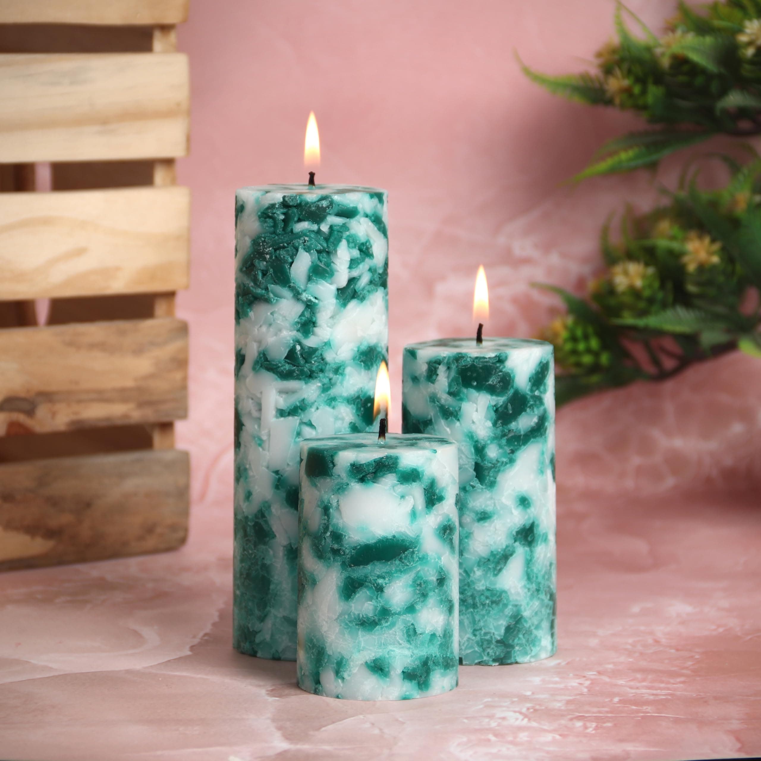 PROSPERRO LUMO by Parkash Candles Set of 3 Fragrance Pillar Candles Marble Finish (Green Apple) ,Wax