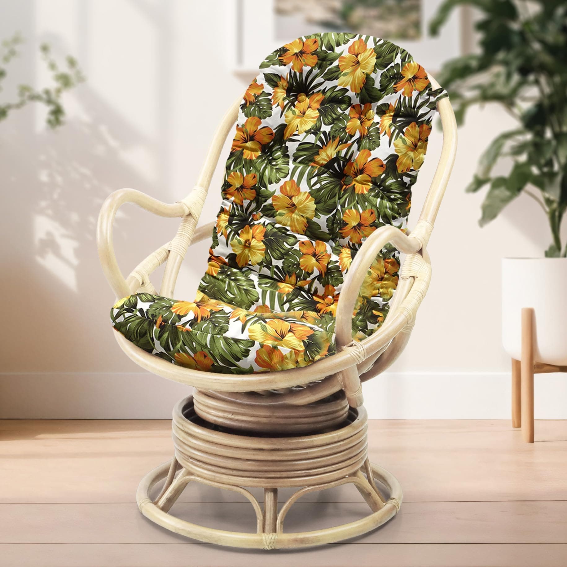 Java Lounge Swivel Rocking Chair with Floral Cushion Natural Rattan Wicker Handmade, White Wash