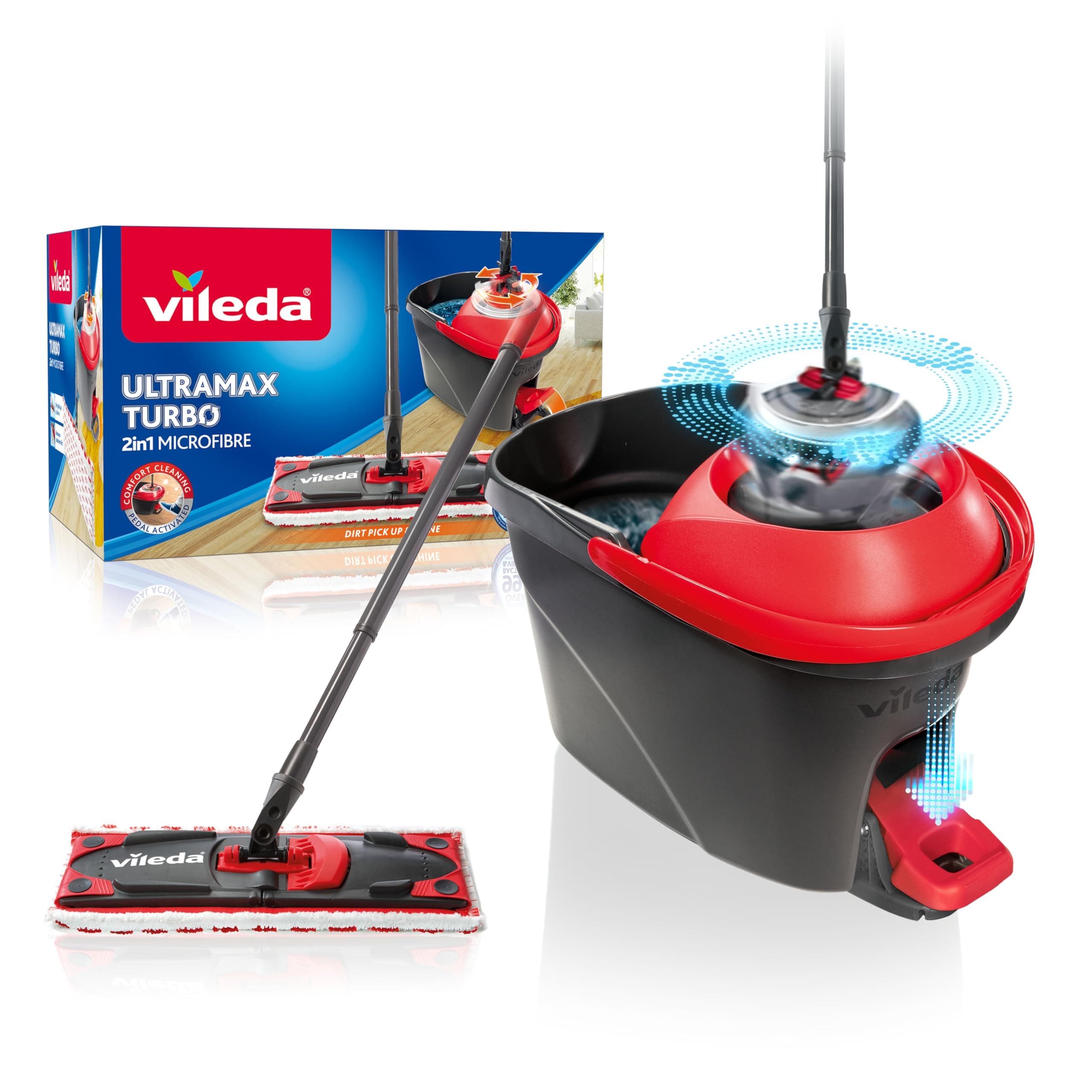 Vileda Ultramax Turbo 2-in-1 Floor Mop Complete Set, Mop with Telescopic Handle, Microfibre Cover and Bucket with Power Spinner, for All Hard Floors, Handle Length 75-130 cm, Eco Packaging
