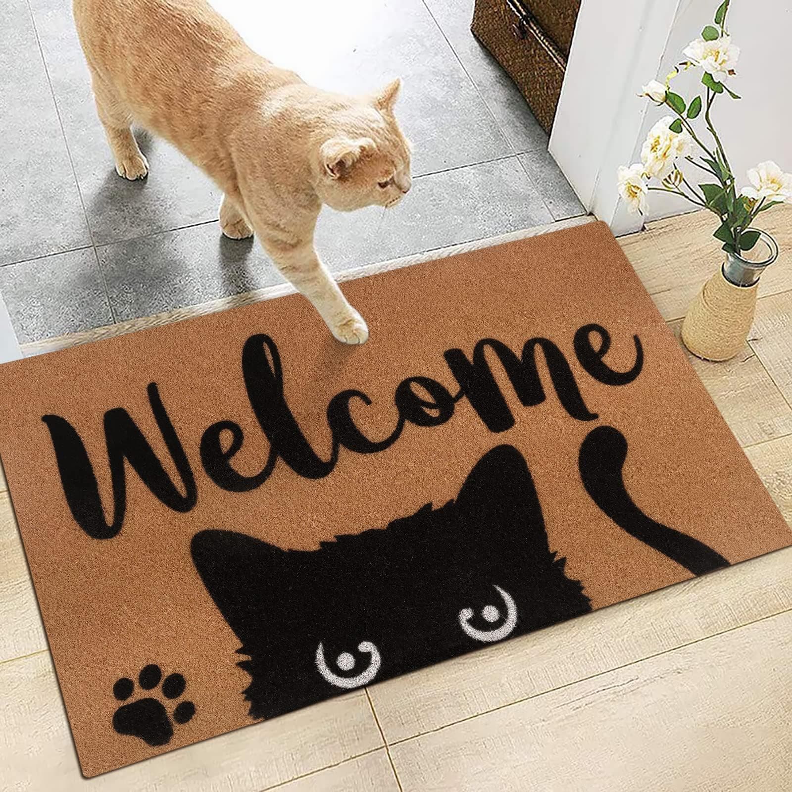 Percozzi Black Cat Welcome Doormat Funny Cat Mat with Non-Slip Backing Indoor Outdoor Welcome Door Mat for Entryway Porch Halloween Housewarming Gift