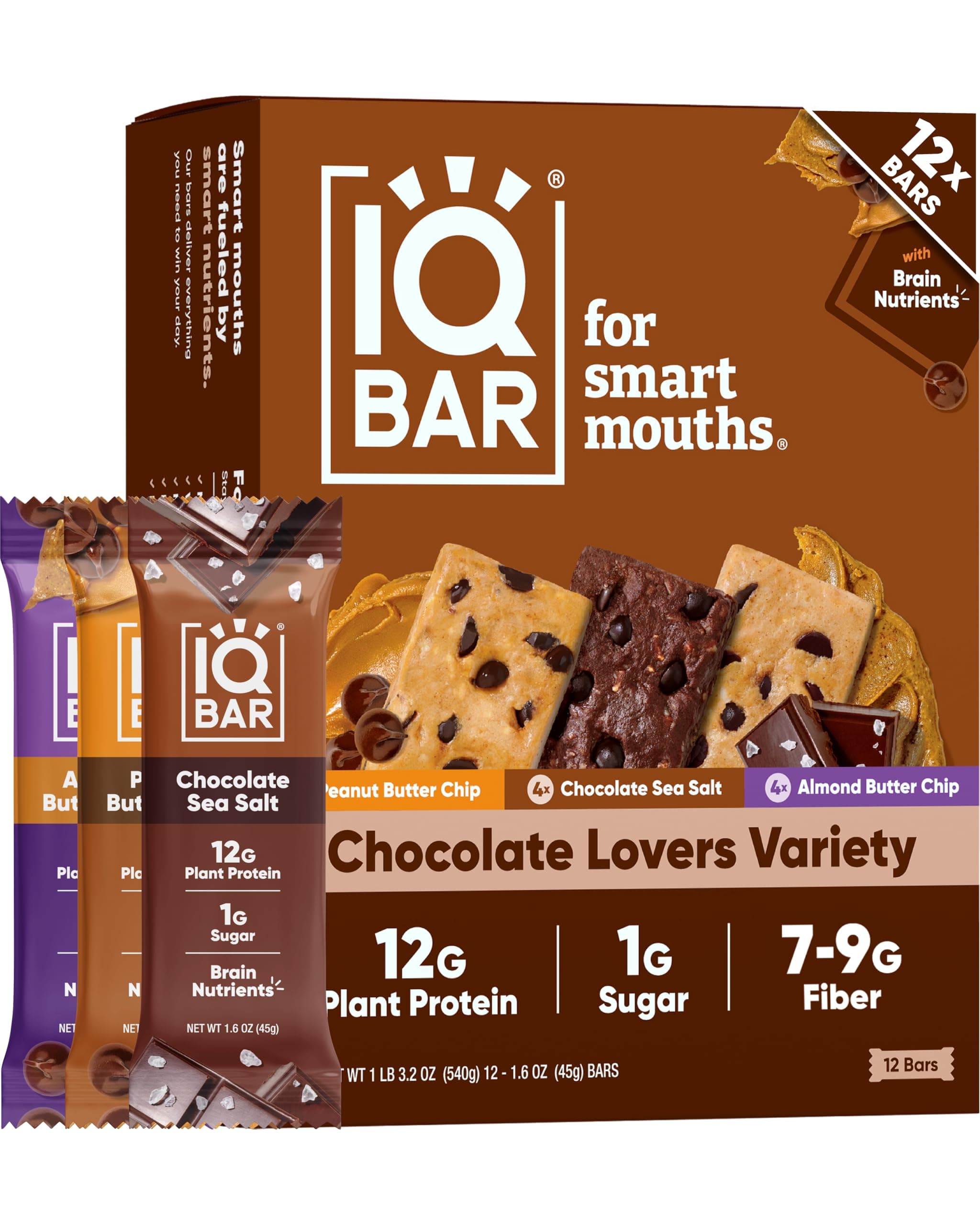 – IQBAR Brain and Body Clean Plant Protein Bars - Chocolate Lovers Variety - 12 Bars - Keto, Vegan, High Fiber, Gluten and Dairy Free, Low Sugar Snack with Nutrients for Focus, Energy, Meal Replacement