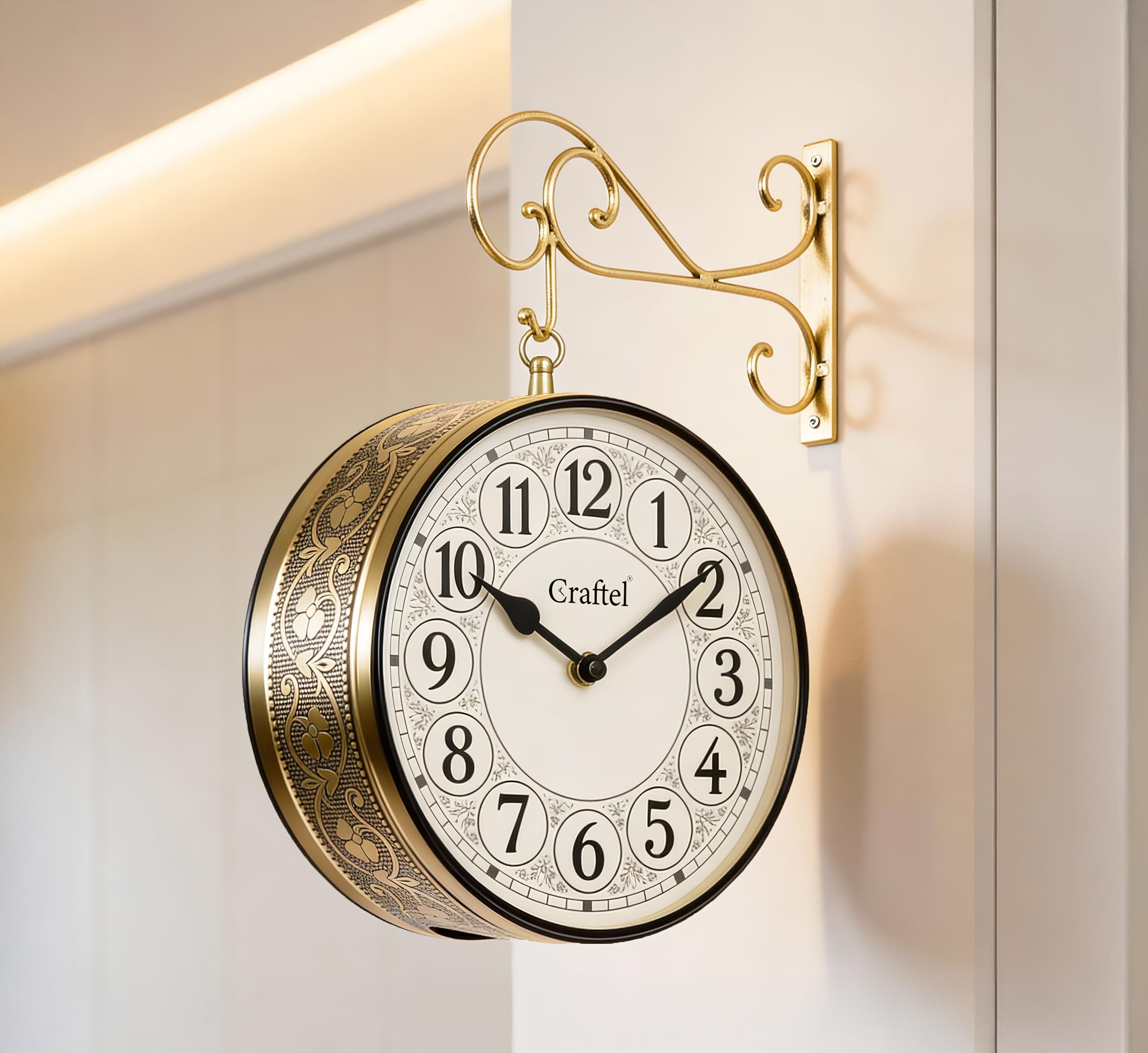 Metal Analog Double Sided English Number Vintage Station Wall Clock for Living Room Home (Shiny Gold :12 Inches)