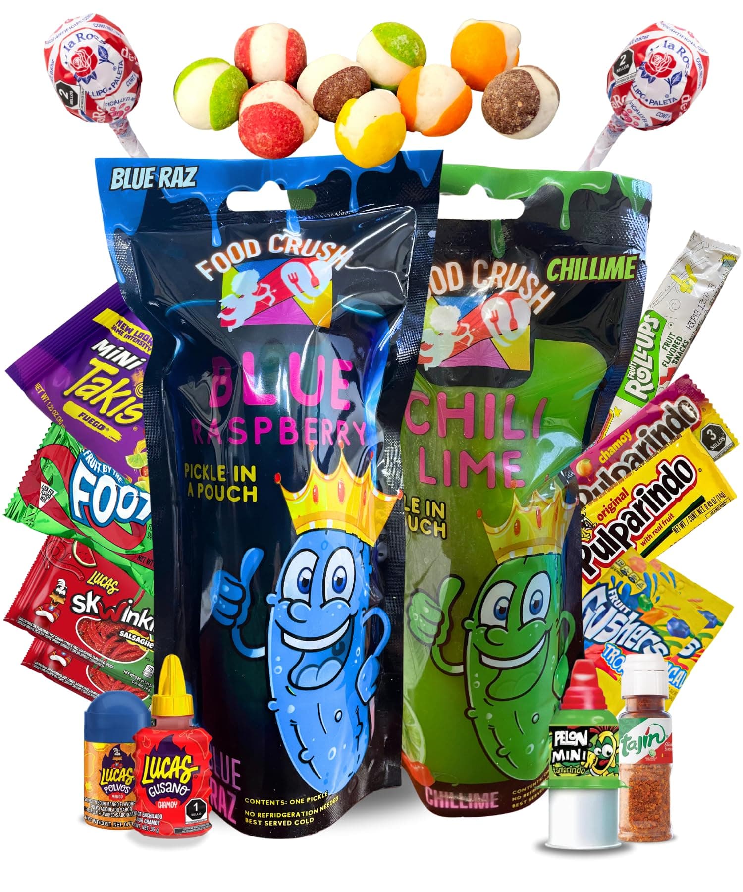 Blue Raspberry Pickle Kit + Chillime Pickle, 17 pcs-With Lucas Gusano Chamoy Skwinkles, Fruit Rollup, Fruit By The Foot, Freeze Dried Candy, Tajin Seasoning, Takis Chips, Pulparindo, lollipops. Tiktok Trend Items
