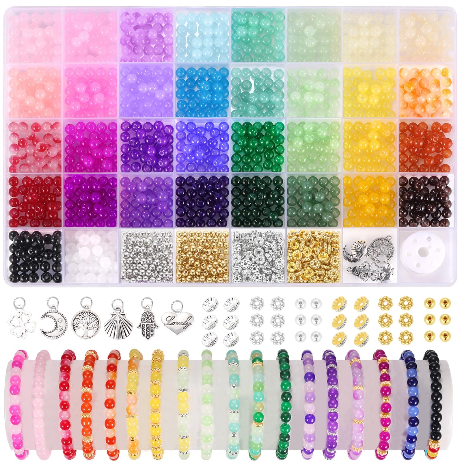 Funtopia 1400 Pcs Glass Beads for Bracelet Making, 34 Colors 6mm Crystal Gemstone Beads Imitative Jade Bead for Jewelry Making DIY Crafts Supplies for Bracelet Necklace Phone Charm Girls Adults