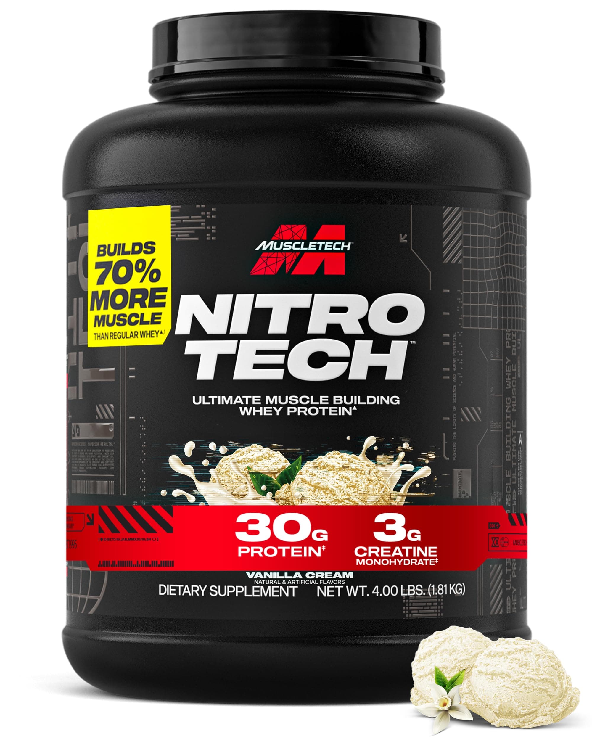 MuscleTech | Nitro-Tech | Whey Protein Isolate & Peptides for Men and Women | 30g of Protein & 3g of Creatine | Muscle Building & Faster Recovery | Vanilla Cream | 1810 grams | 39 servings