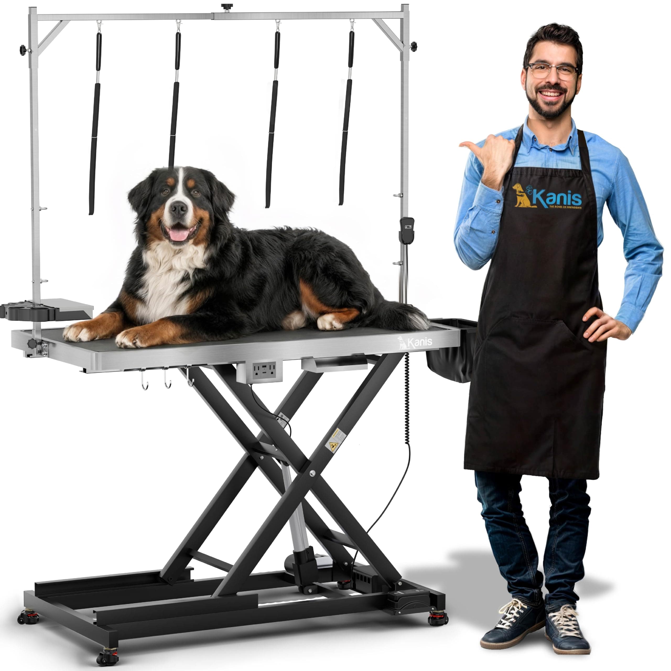 KANIS Professional Electric Dog Grooming Table - Heavy Duty, Height Adjustable Pet Grooming Table w/Leveling Wheels, Grooming Arm, Anti Slip Tabletop & Tool Organizer/Dog Grooming Station (49", BLACK)