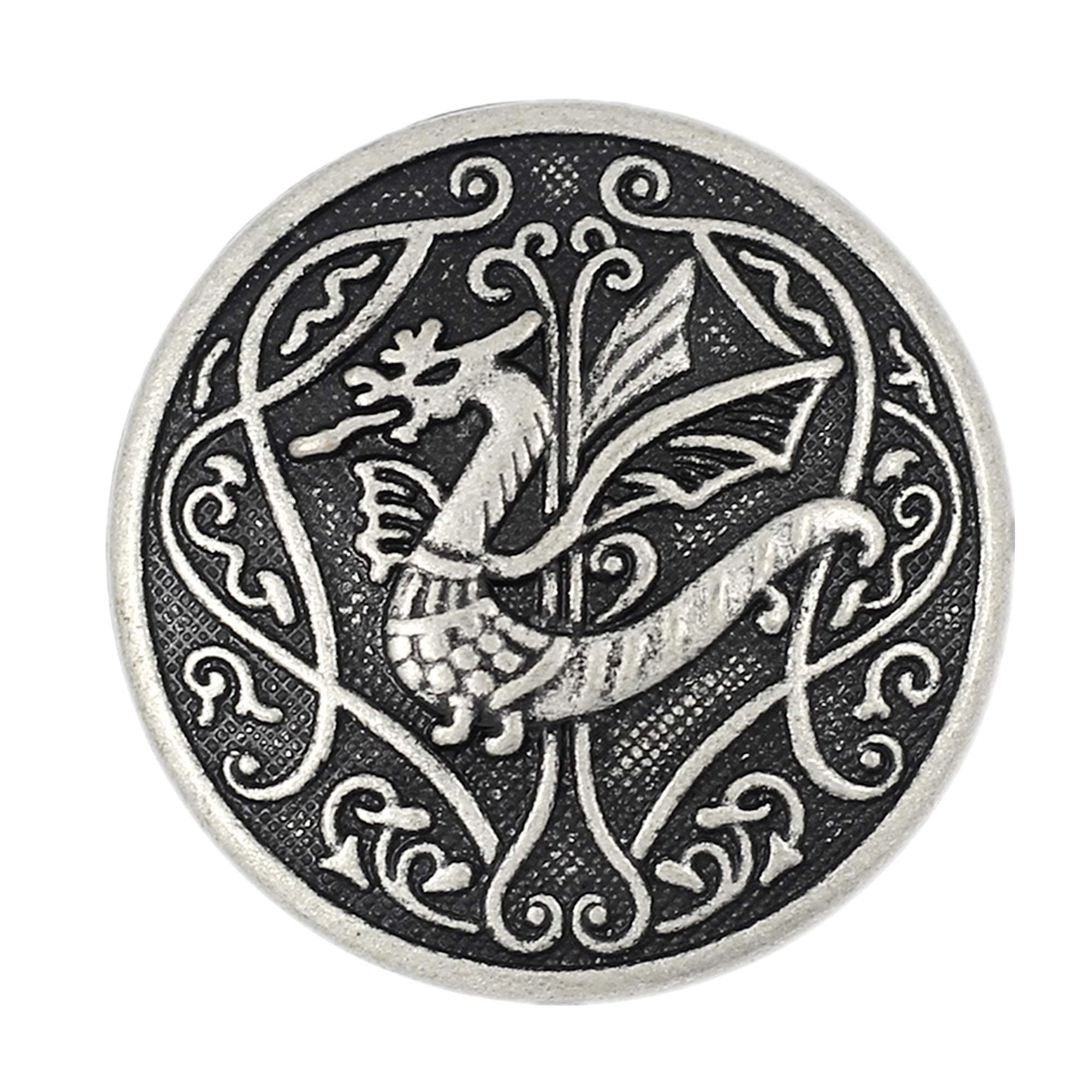 10 Pieces Spitfire Celtic Dragon Metal Shank Buttons. 25mm (1 inch) (Antique Silver)