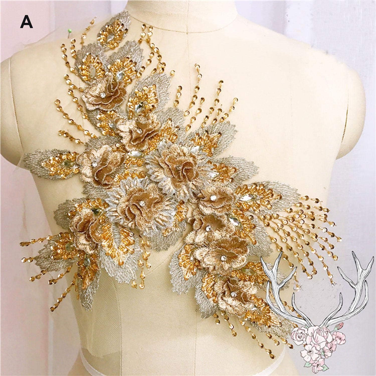 1 Piece 8 Color Blossom Flower Lace Applique with Rhinestone Sequins Lace Floral Sewing on Wedding Bridal Evening Dress Gown Skirt Costume DIY Crafts(Gold)