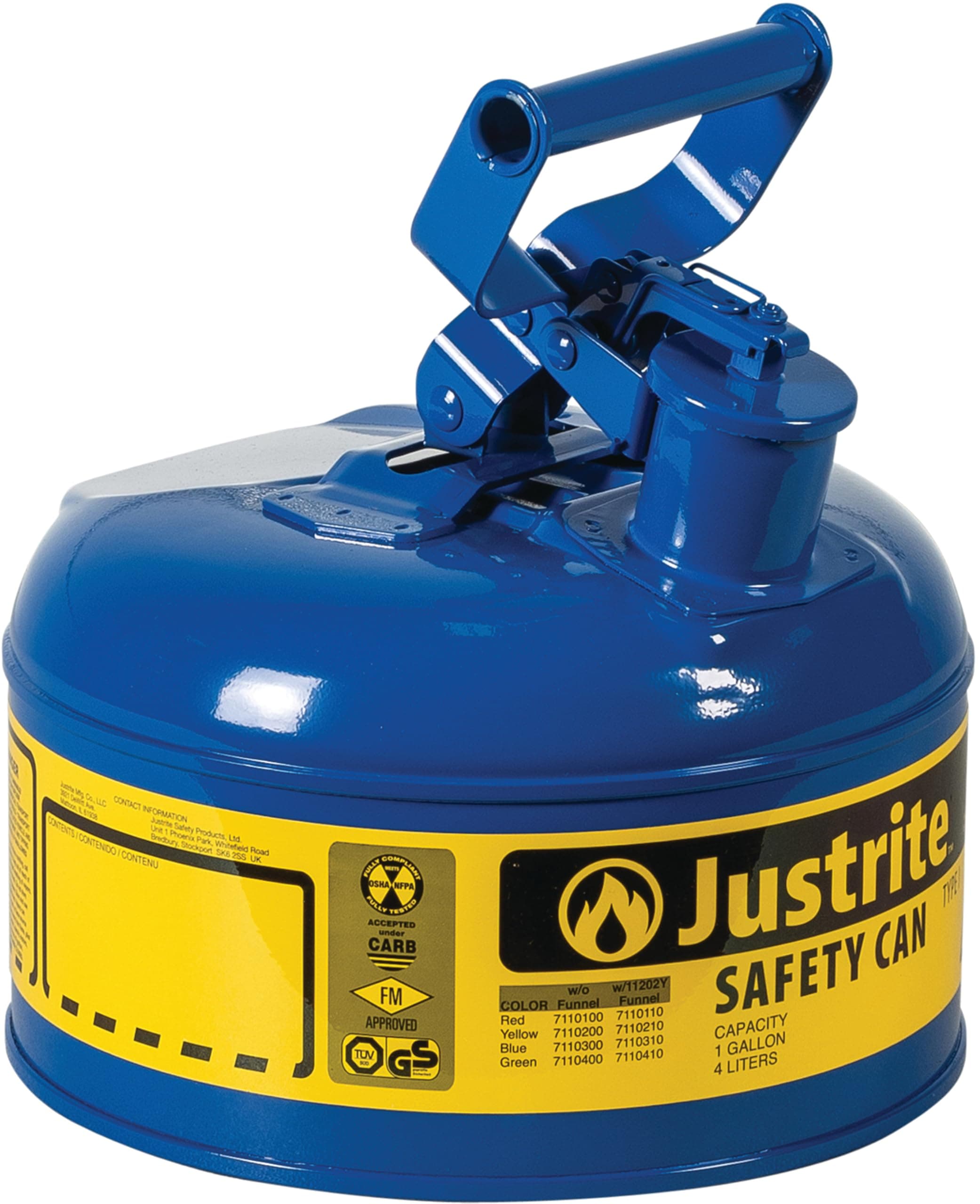 Justrite 1 Gallon Type I Blue Safety Can for Kerosene with Flame Arrester and Self-Closing Lid, Made in the USA, Galvanized Steel Flammable Storage Can, 7110300