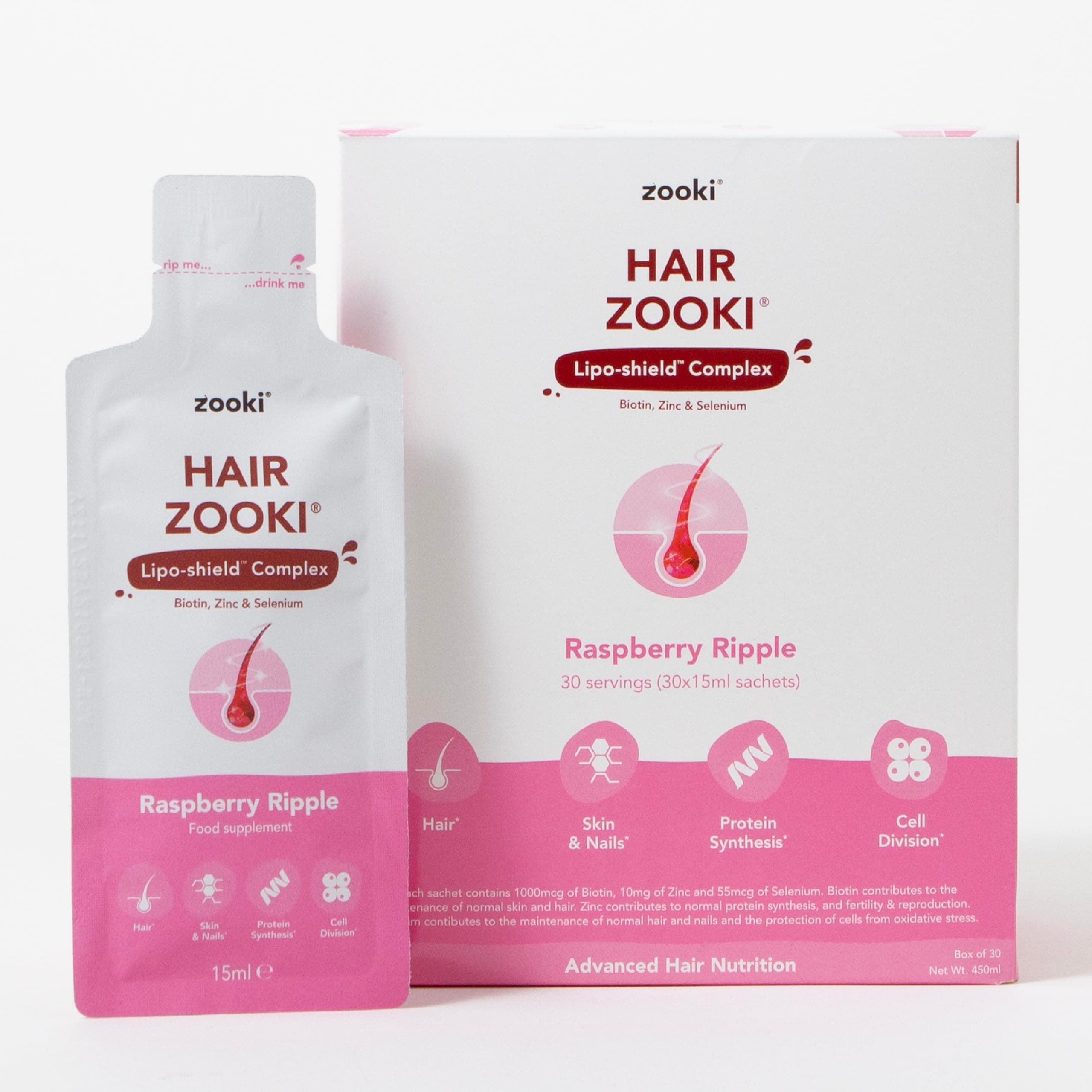 – HairZooki® High Strength Biotin, Zinc & Selenium Wrapped in Lipids for Maximum Absorption | Alcohol Free, Vegan, Soy Free, Natural Ingredients | Support Hair, Skin & Nail (Raspberry, 14 Servings)