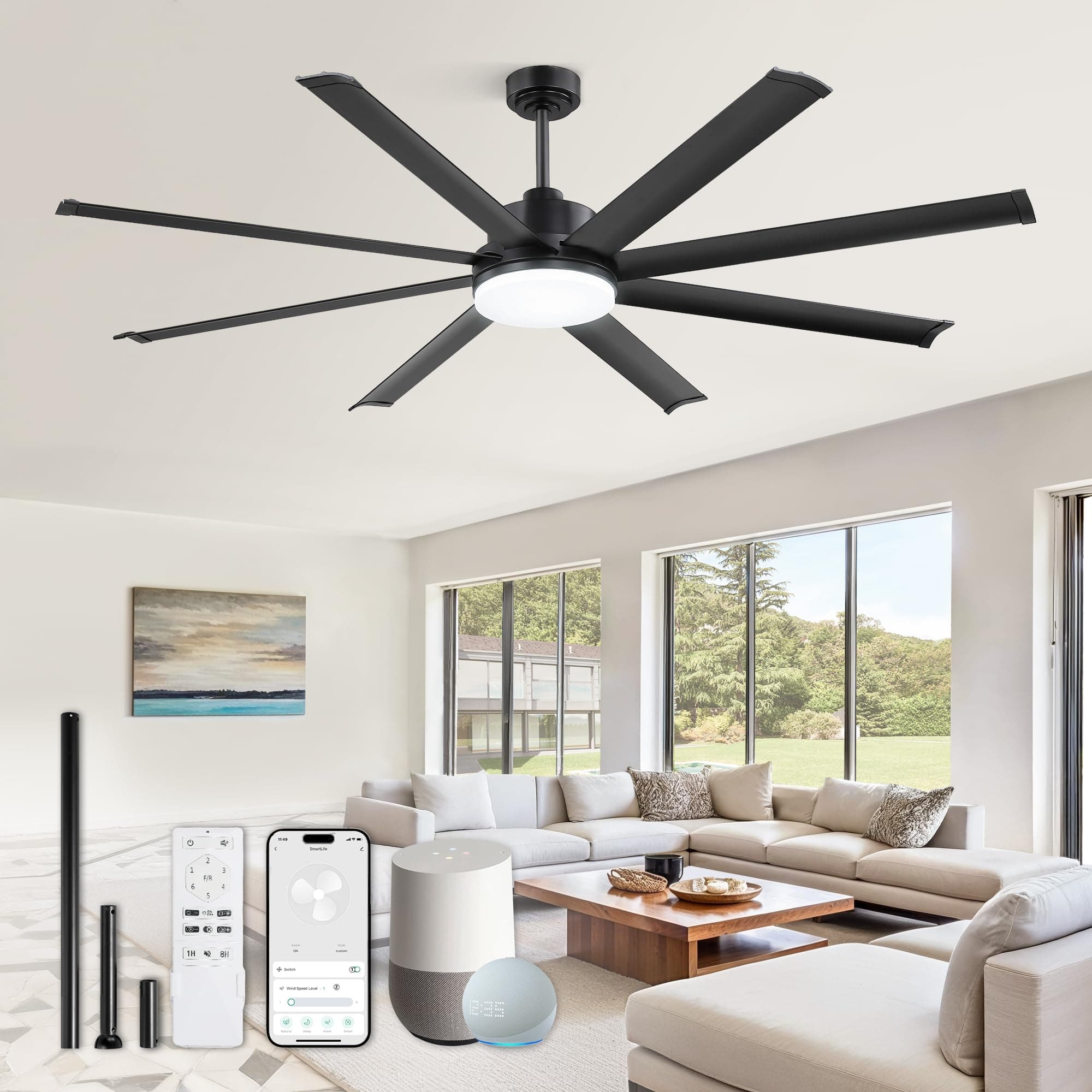 ZMISHIBO 72 Inch Ceiling Fan with Light, Large Industrial Ceiling Fan with Modern 8 Black Aluminum Blades, 3000-6000K Dimmable, 6 Speeds, Smart Fan Light Compatible with Alexa for Patio Living Room