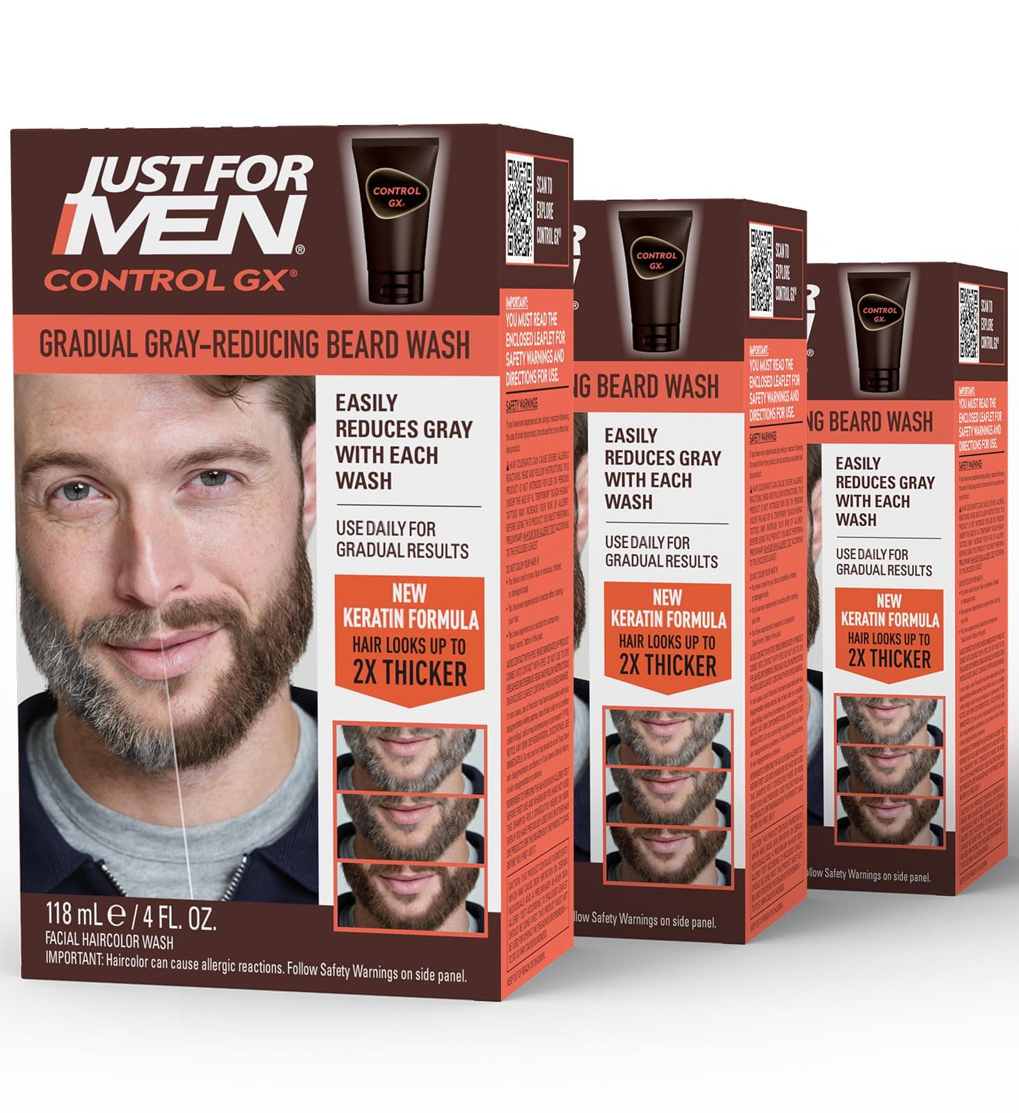 Control GX Grey Reducing Beard Wash Shampoo with Keratin, Gradually Colors Mustache and Beard, Leaves Facial Hair Thicker Softer and Fuller, 4 Fl Oz - Pack of 3 (Packaging May Vary)
