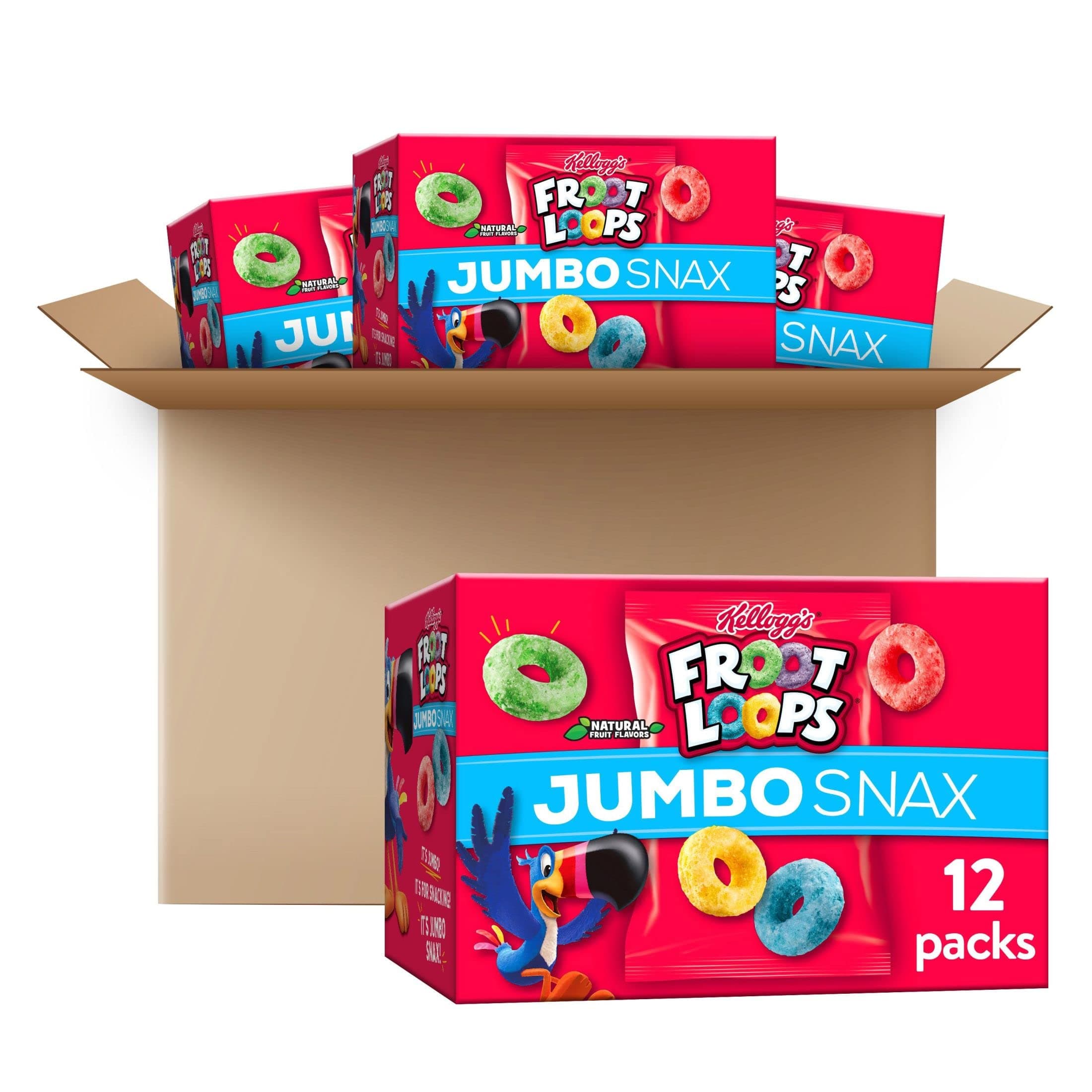 Froot Loops Jumbo Snax Cereal Snacks, Kids Snacks, Fruit Flavored, Original (4 Boxes, 48 Pouches)